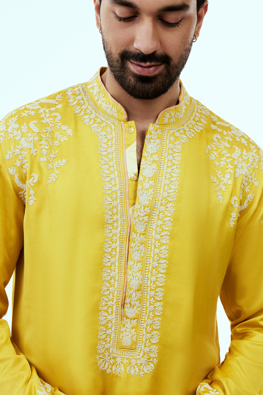 Yellow Linen Silk Mens Kurta Set with Resham Embroidery