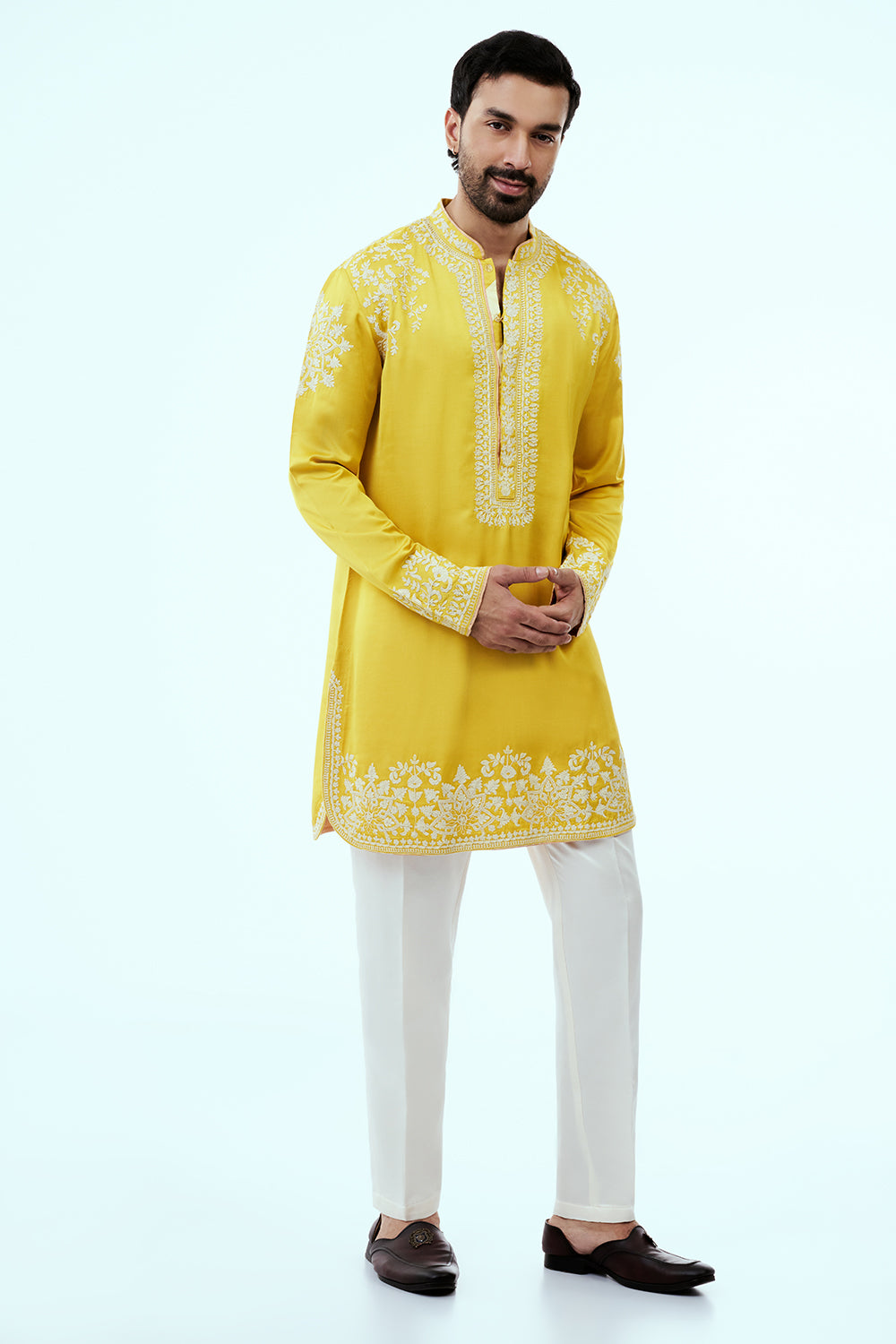 Yellow Linen Silk Mens Kurta Set with Resham Embroidery