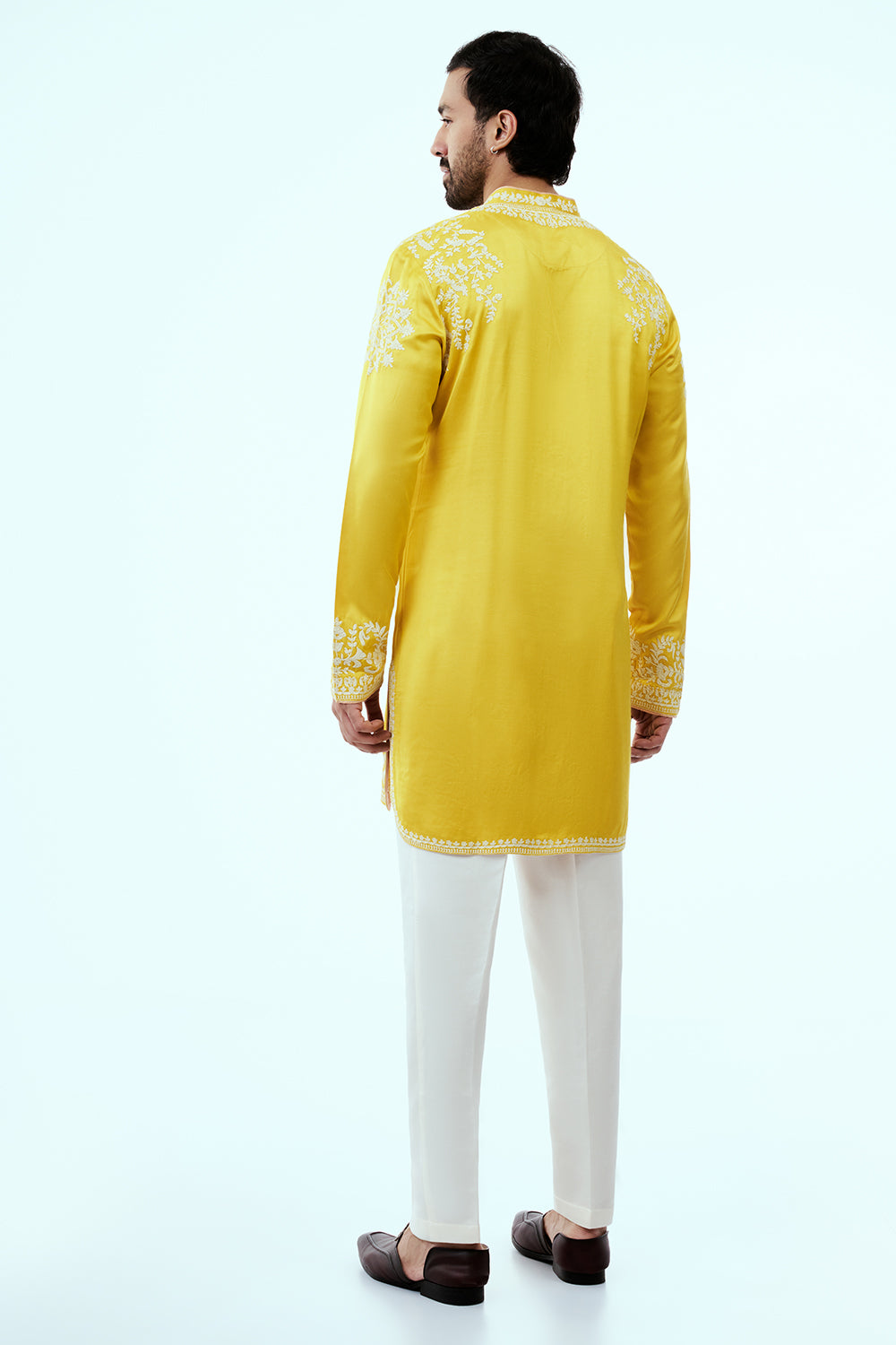 Yellow Linen Silk Mens Kurta Set with Resham Embroidery
