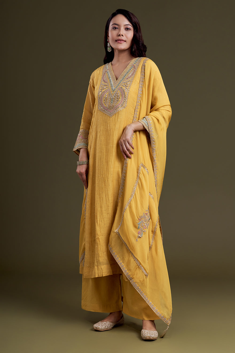 Yellow Mustard Chanderi Silk Kurta Set