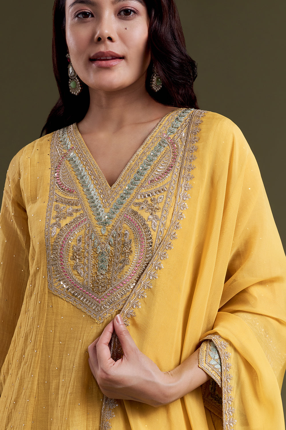 Yellow Mustard Chanderi Silk Kurta Set