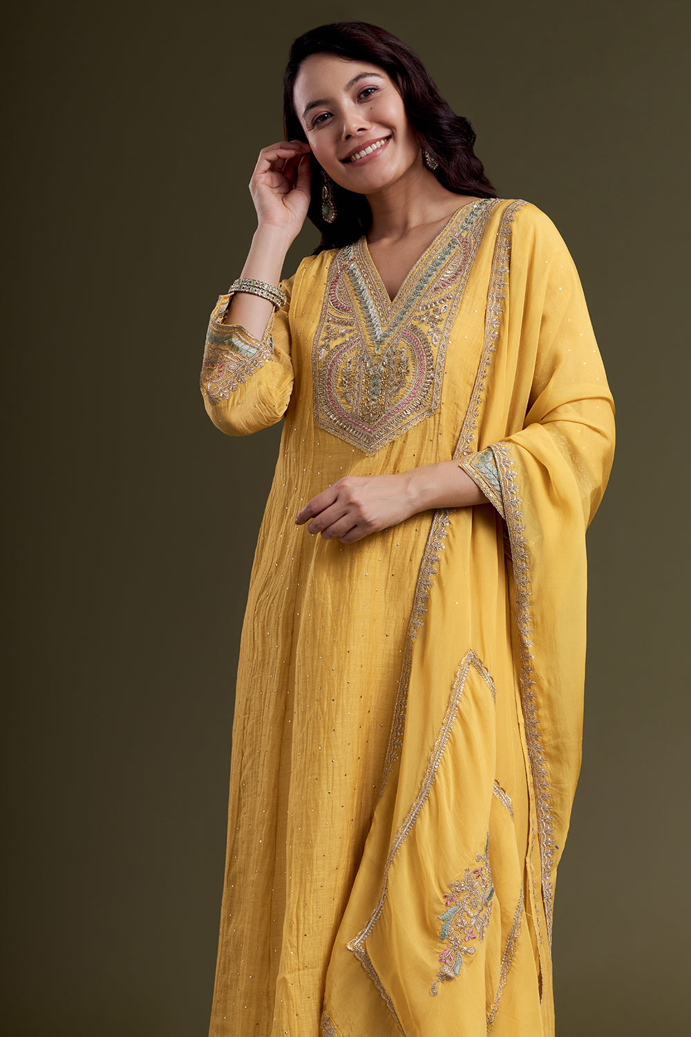 Yellow Mustard Chanderi Silk Kurta Set
