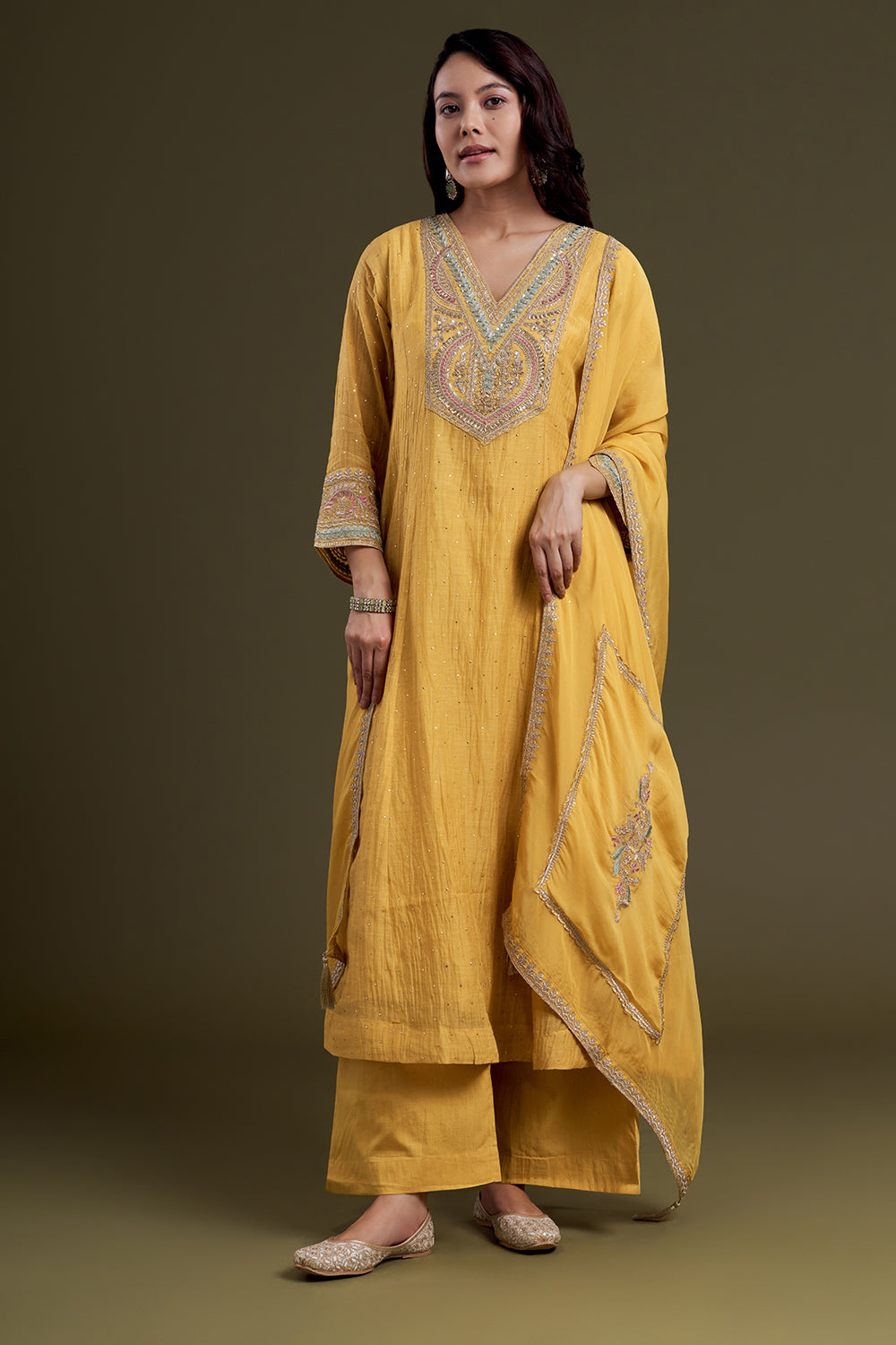 Yellow Mustard Chanderi Silk Kurta Set