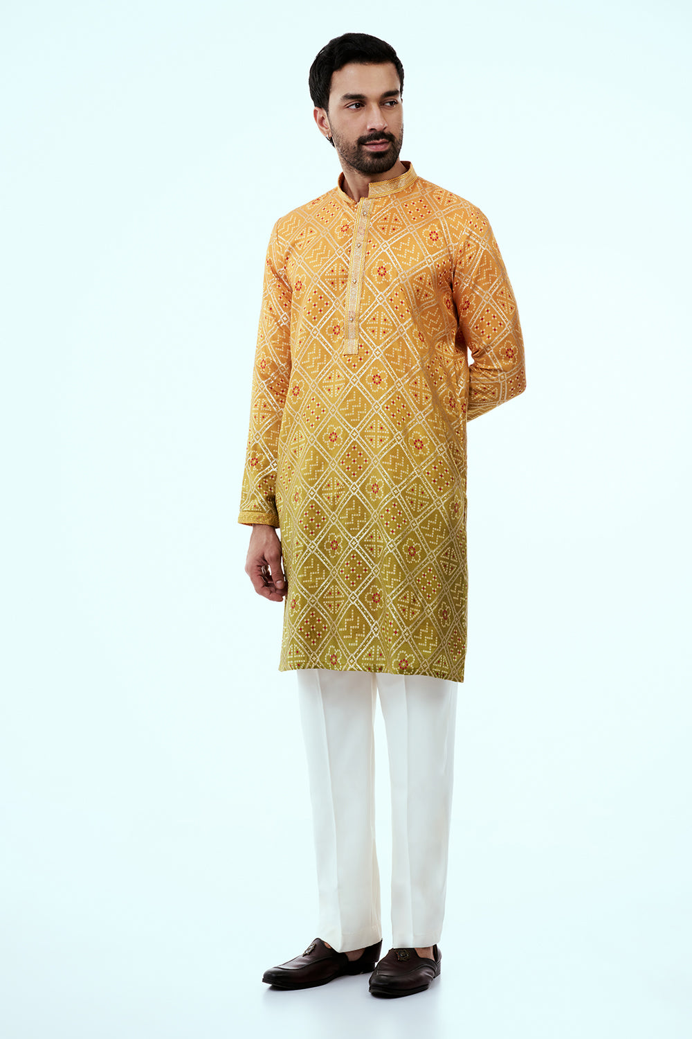 Yellow Ombre Silk Mens Kurta Set with Bandhani Print and Green Hues