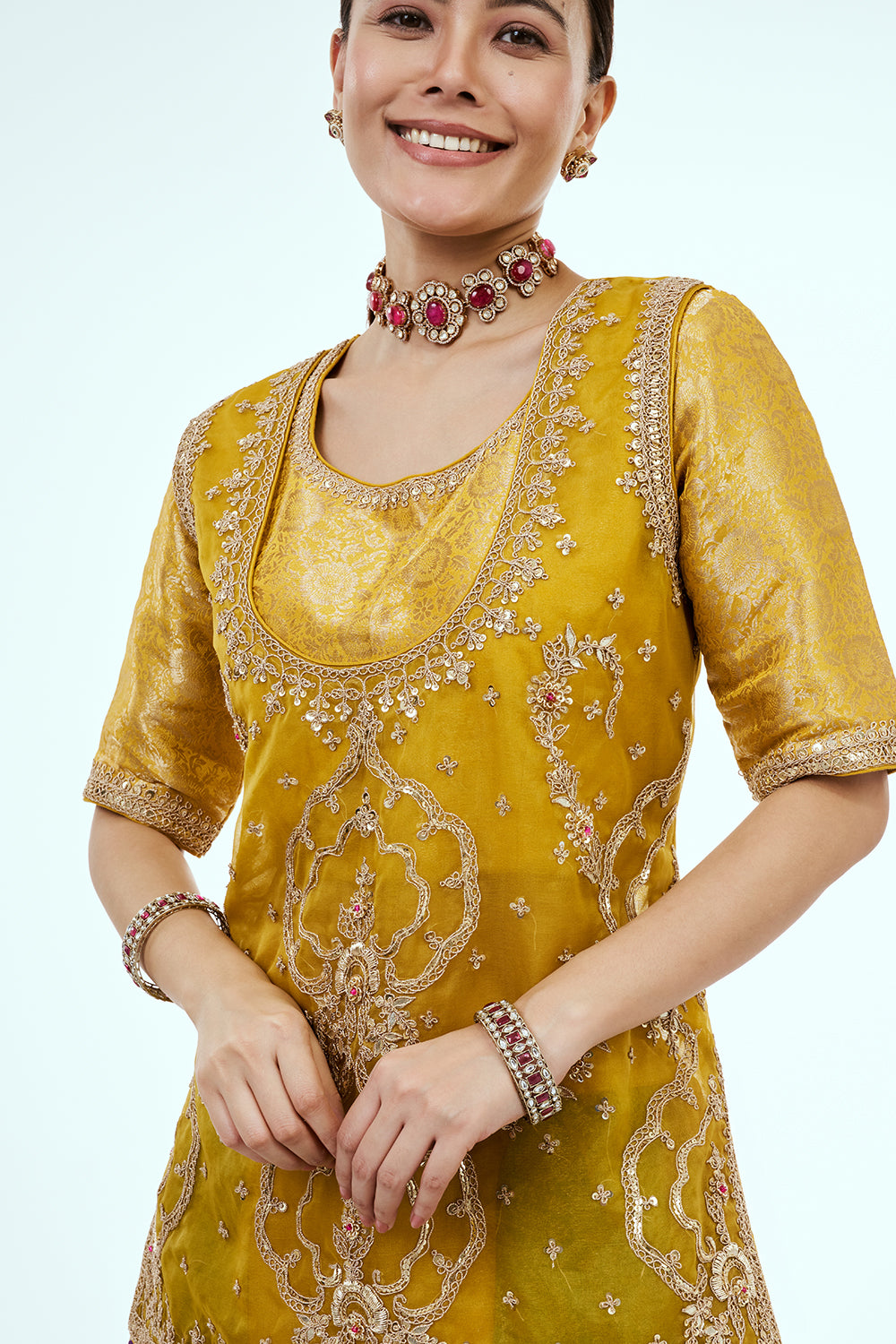 Yellow Organza Suit Set with Zardosi Work and Multicoloured Brocade Pants