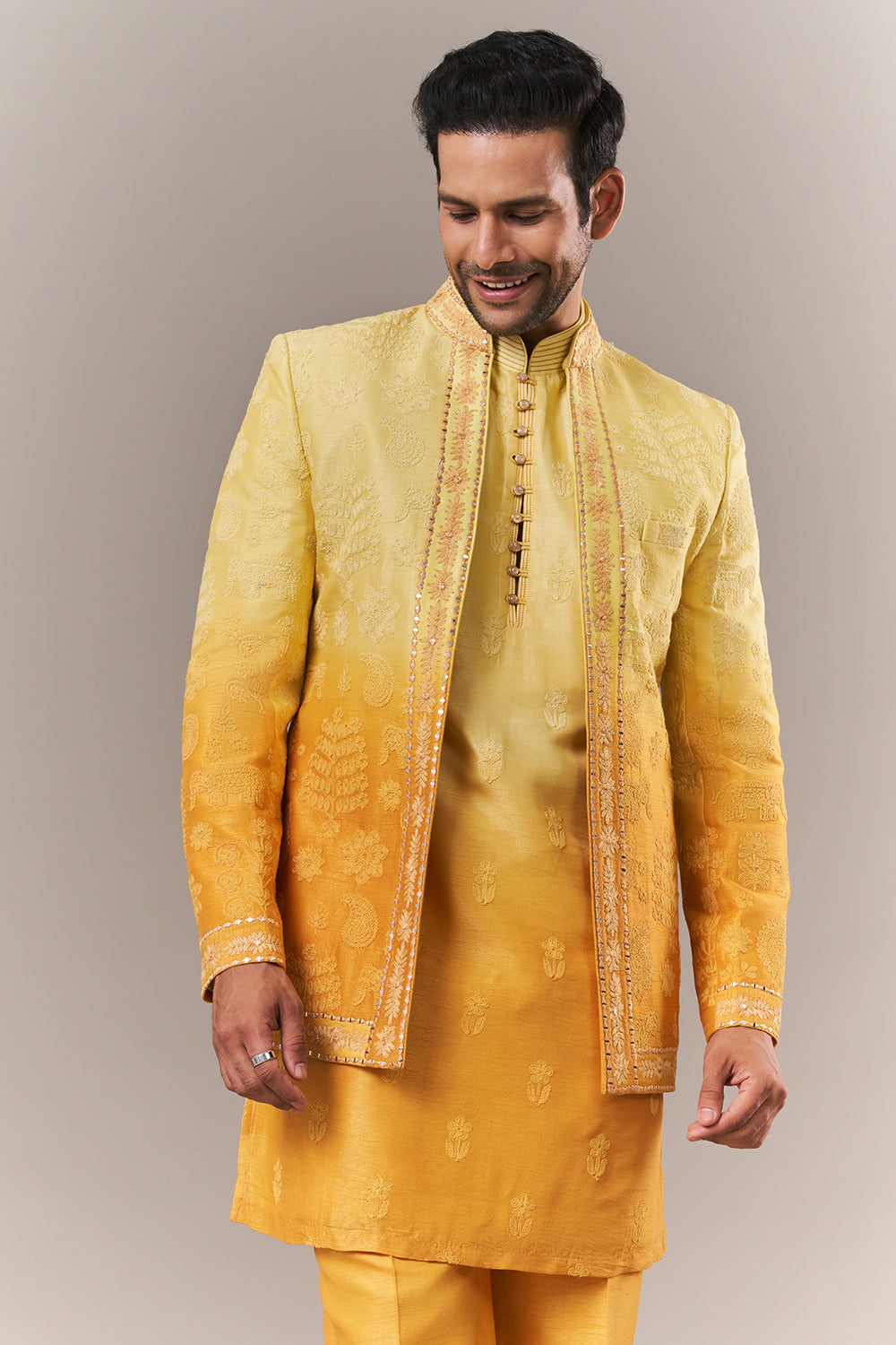 Yellow Peach Silk Mens Kurta Set with Dori and Mirror Work
