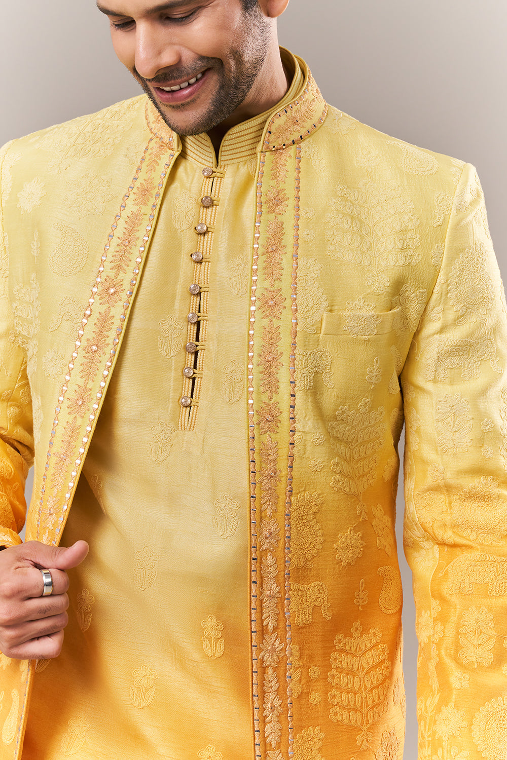 Yellow Peach Silk Mens Kurta Set with Dori and Mirror Work