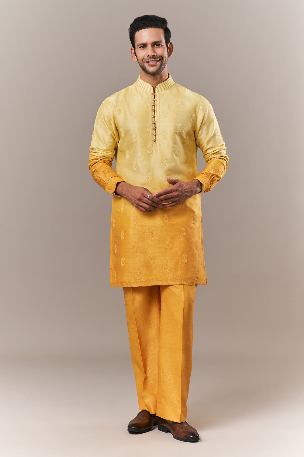 Yellow Peach Silk Mens Kurta Set with Dori and Mirror Work