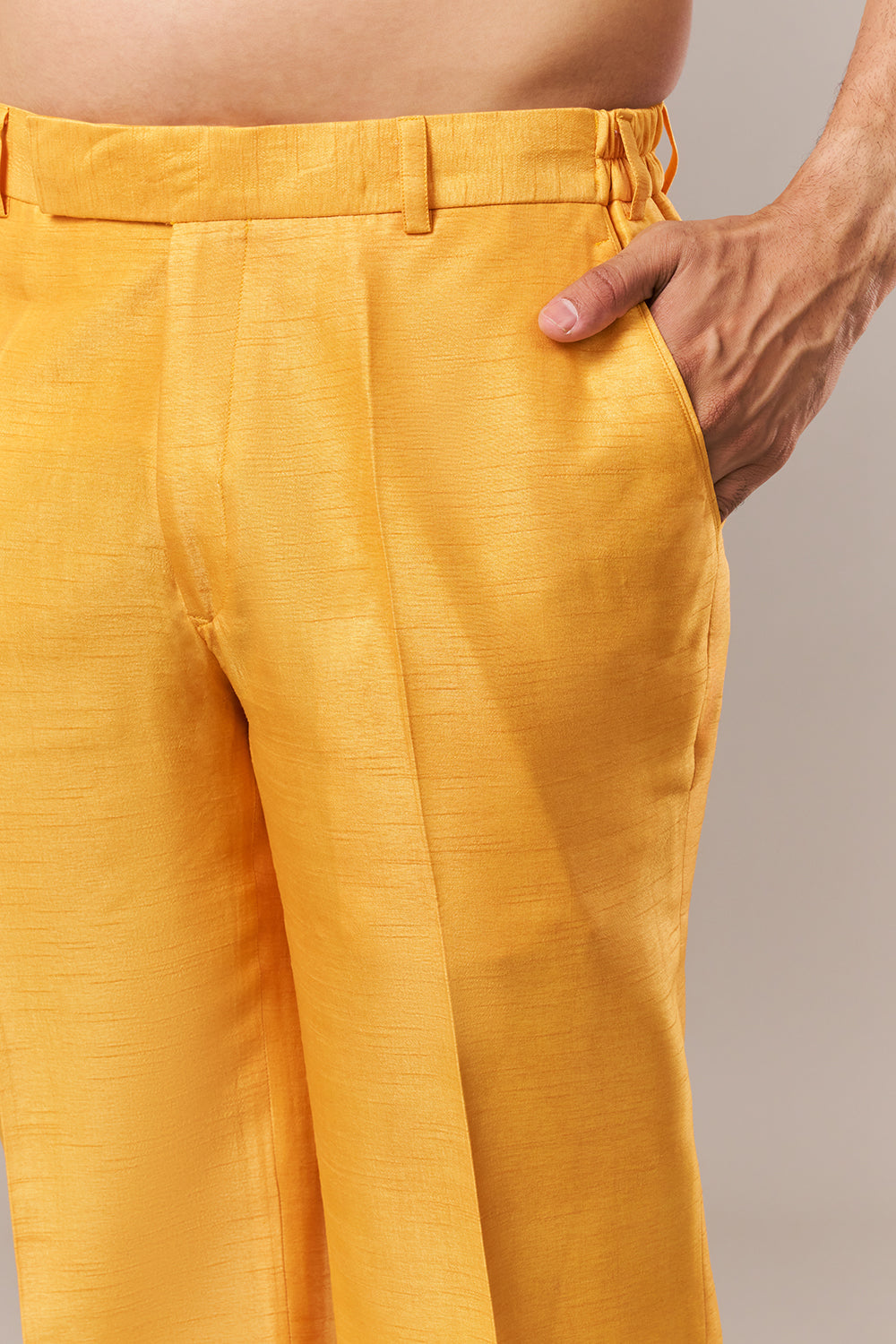 Yellow Peach Silk Mens Kurta Set with Dori and Mirror Work
