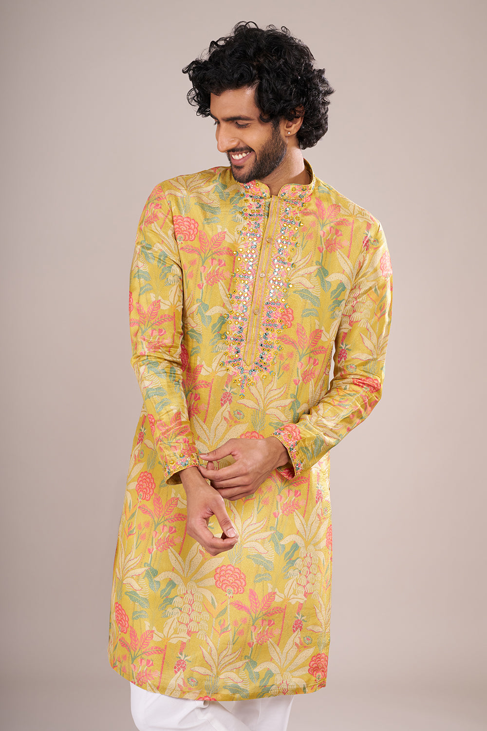 Yellow Printed Silk Men's Kurta Set with Threadwork