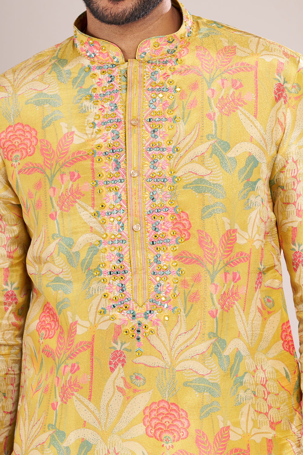 Yellow Printed Silk Men's Kurta Set with Threadwork