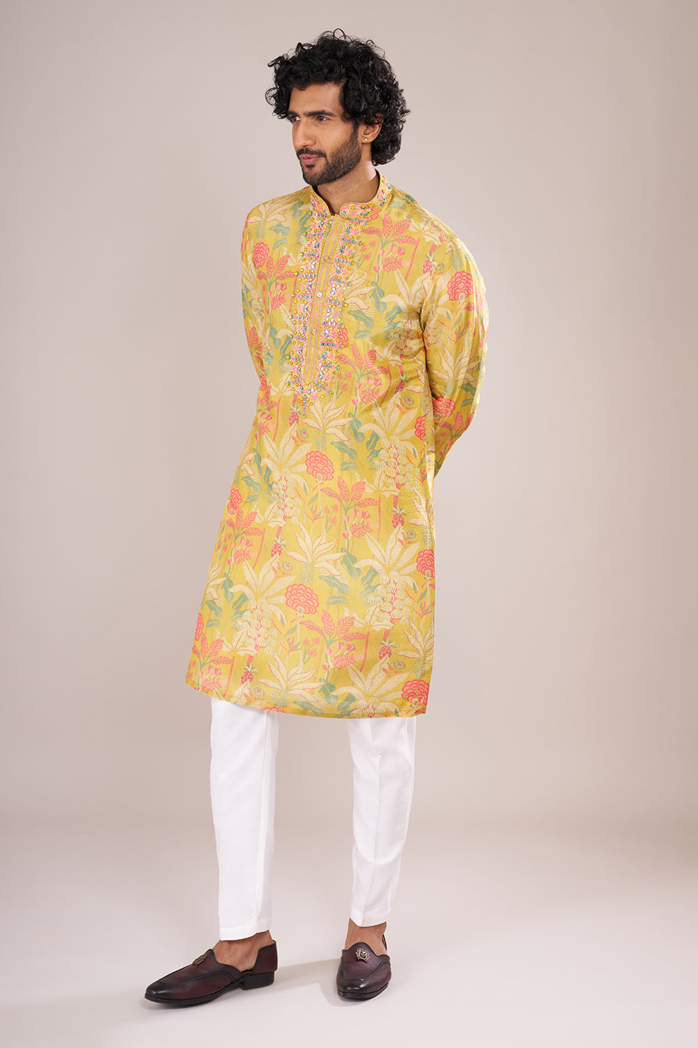 Yellow Printed Silk Men's Kurta Set with Threadwork