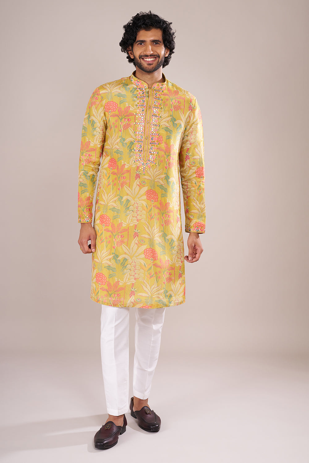 Yellow Printed Silk Men's Kurta Set with Threadwork