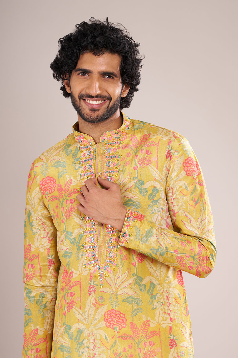 Yellow Printed Silk Men's Kurta Set with Threadwork