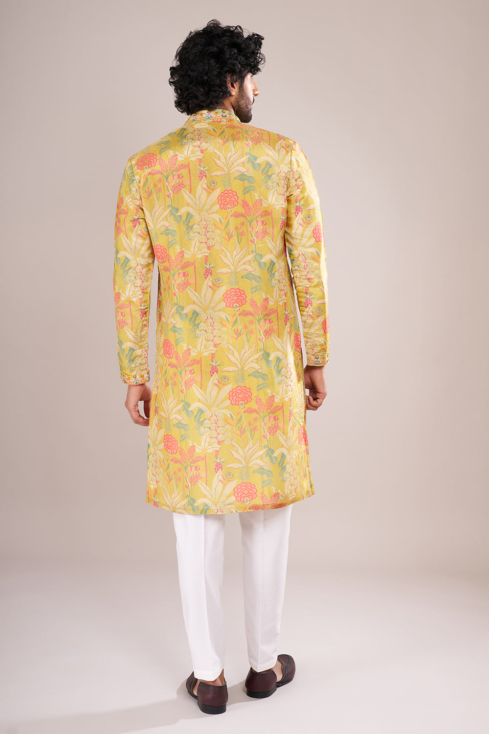 Yellow Printed Silk Men's Kurta Set with Threadwork