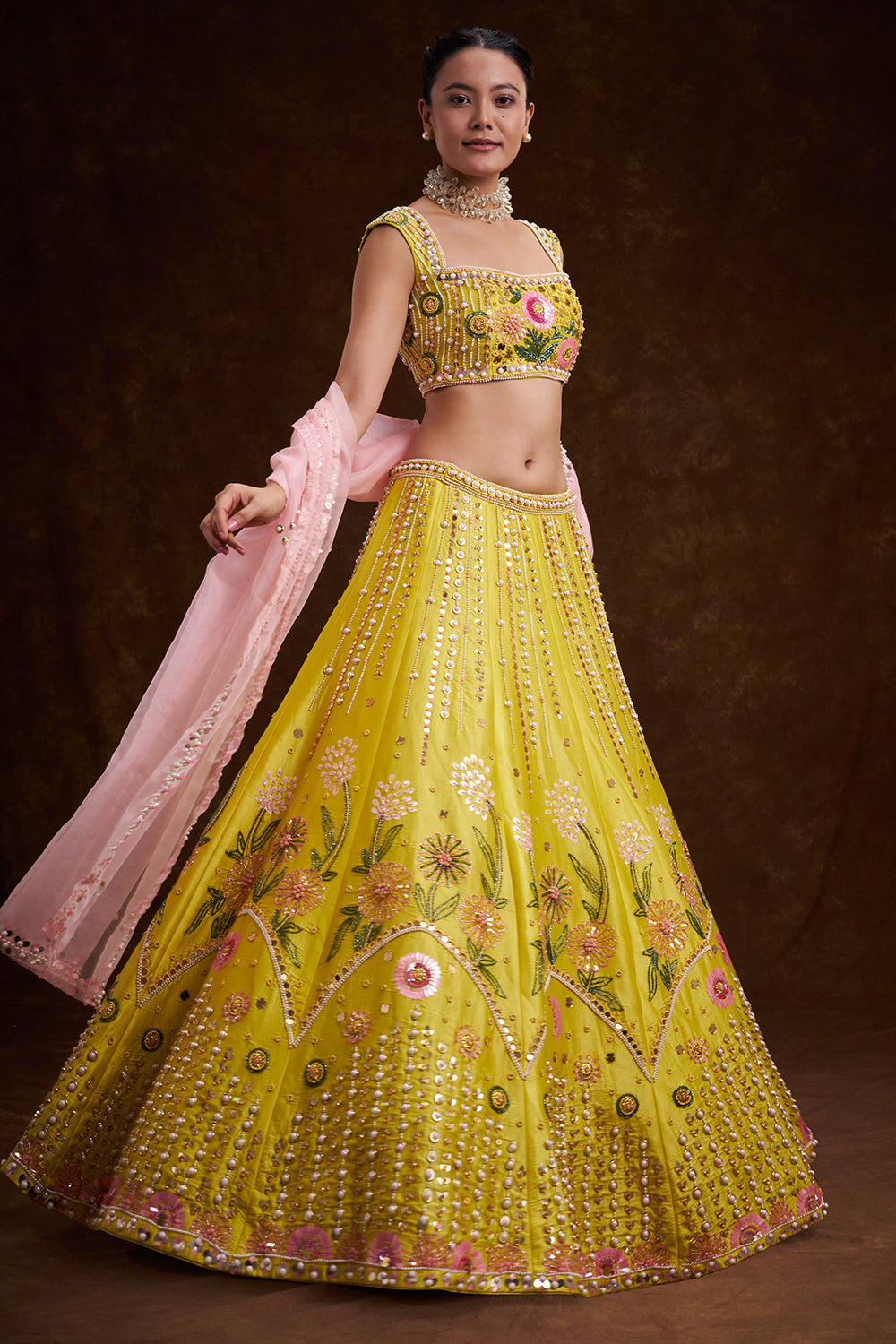 Yellow Raw Silk Contemporary Lehenga with Sequins and Acrylic Plastic Foil Work