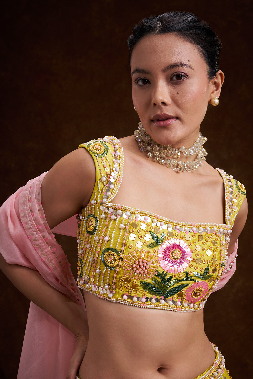 Yellow Raw Silk Contemporary Lehenga with Sequins and Acrylic Plastic Foil Work