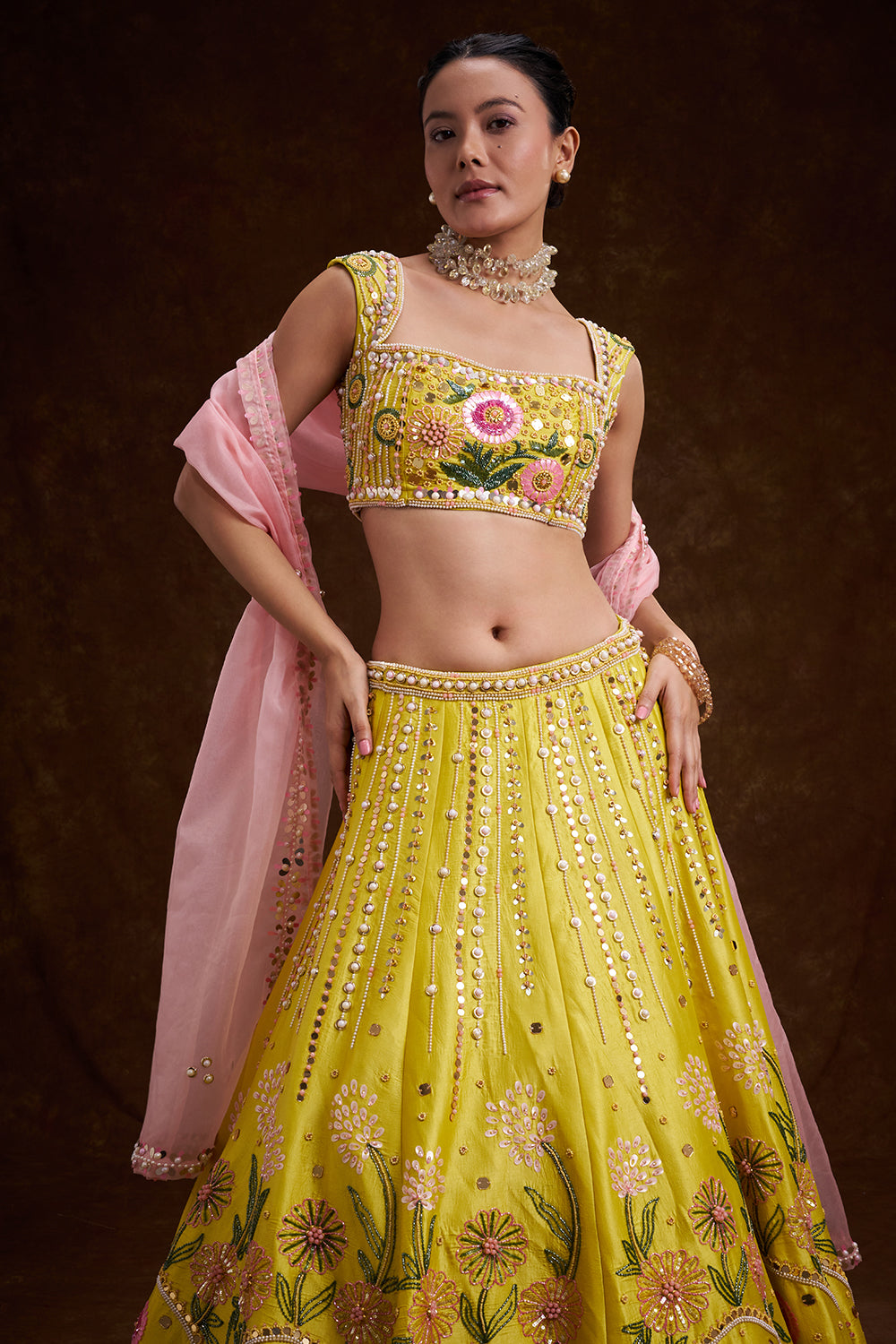 Yellow Raw Silk Contemporary Lehenga with Sequins and Acrylic Plastic Foil Work