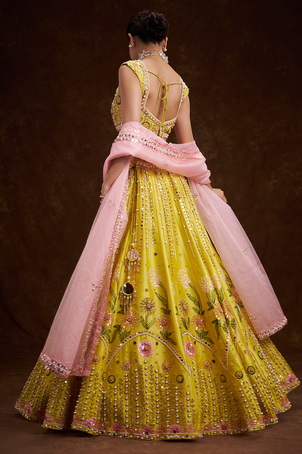 Yellow Raw Silk Contemporary Lehenga with Sequins and Acrylic Plastic Foil Work