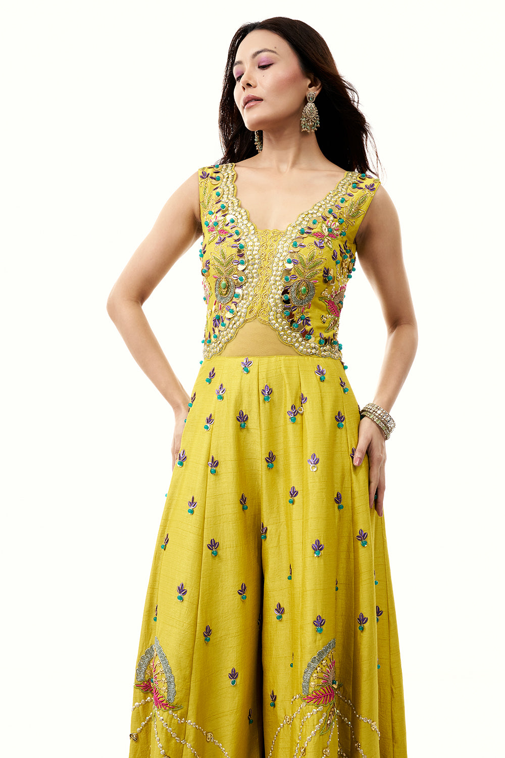 Yellow Raw Silk Jumpsuit with Colourful 3D Work