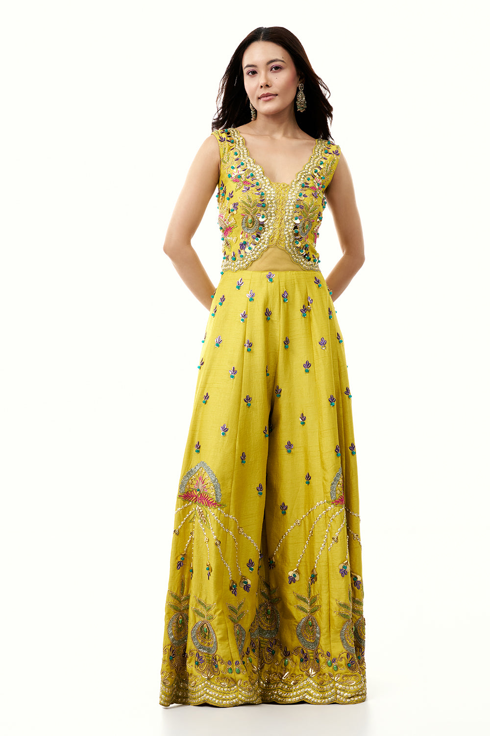 Yellow Raw Silk Jumpsuit with Colourful 3D Work