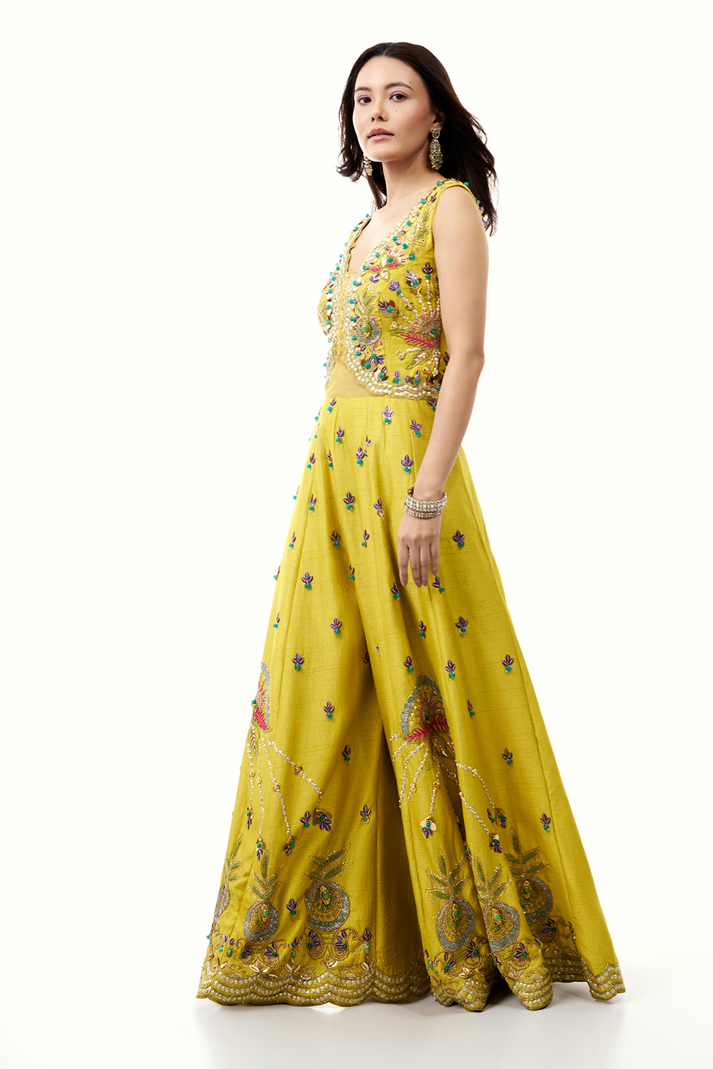 Yellow Raw Silk Jumpsuit with Colourful 3D Work