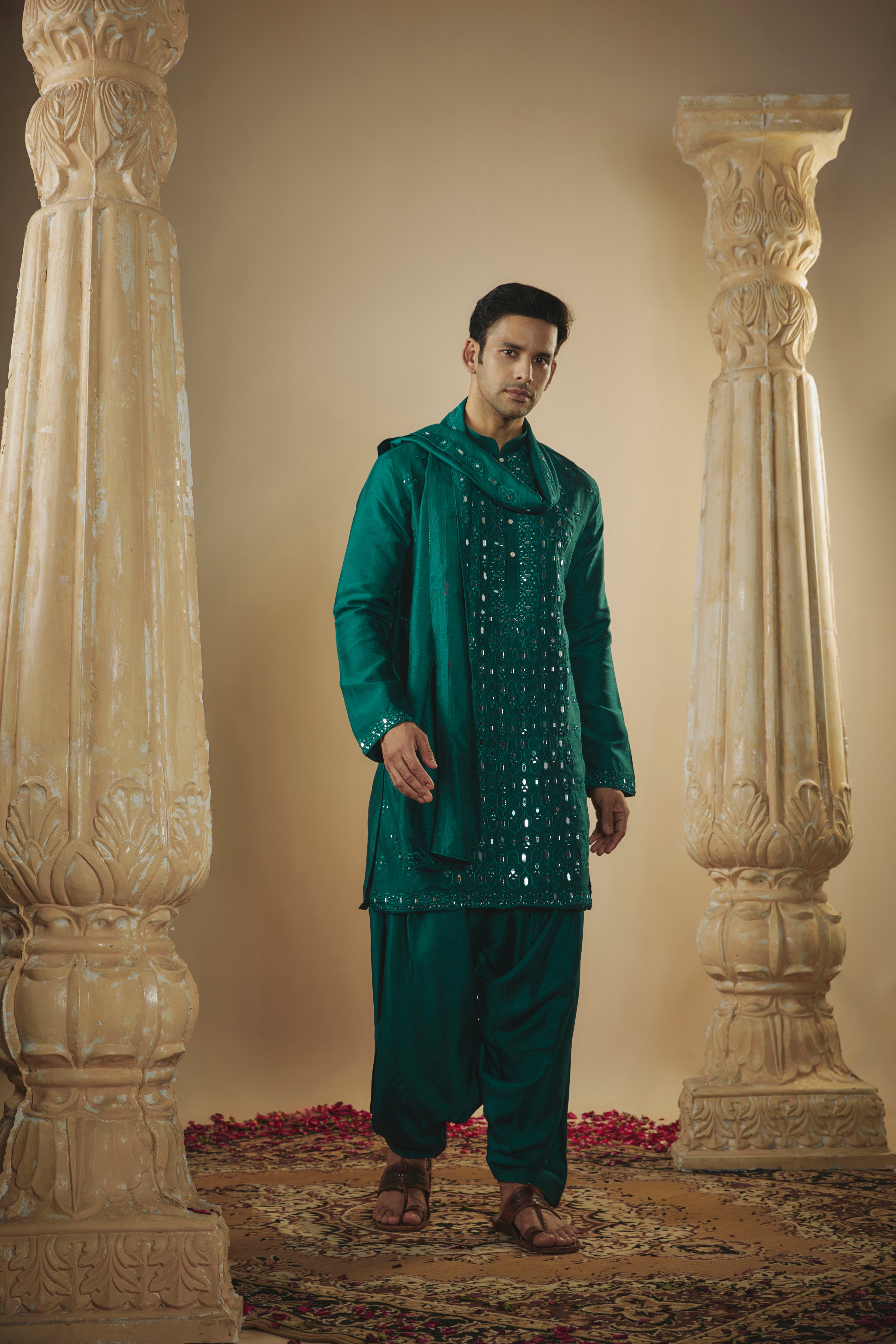 Midnight Blue Art Silk Kurta Set with Mirror Work