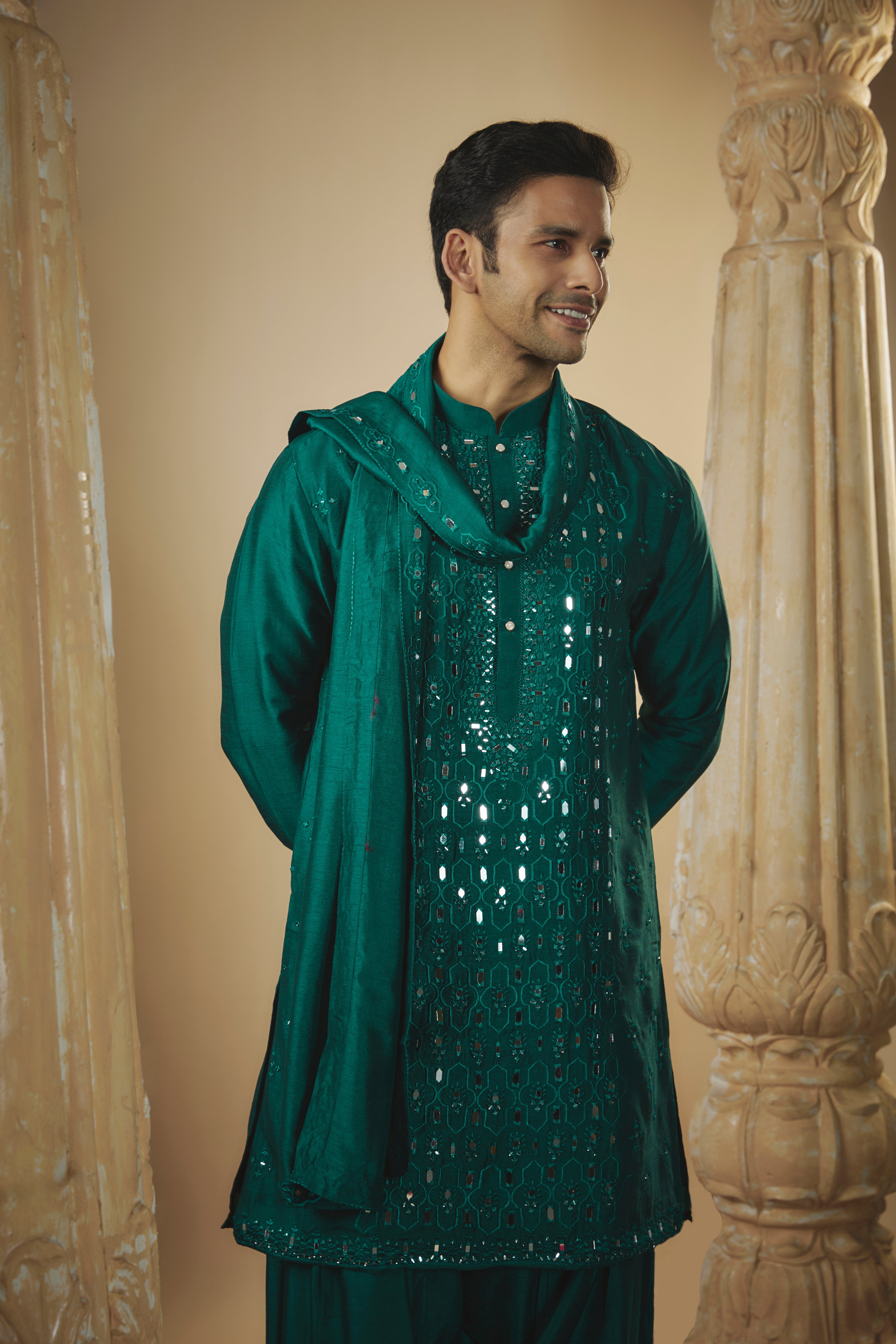 Midnight Blue Art Silk Kurta Set with Mirror Work