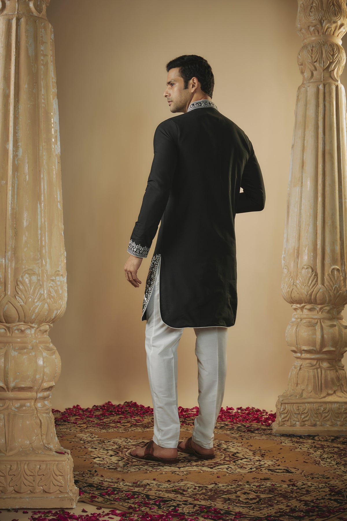Coal Black Resham Embroidered Art Silk Kurta Set