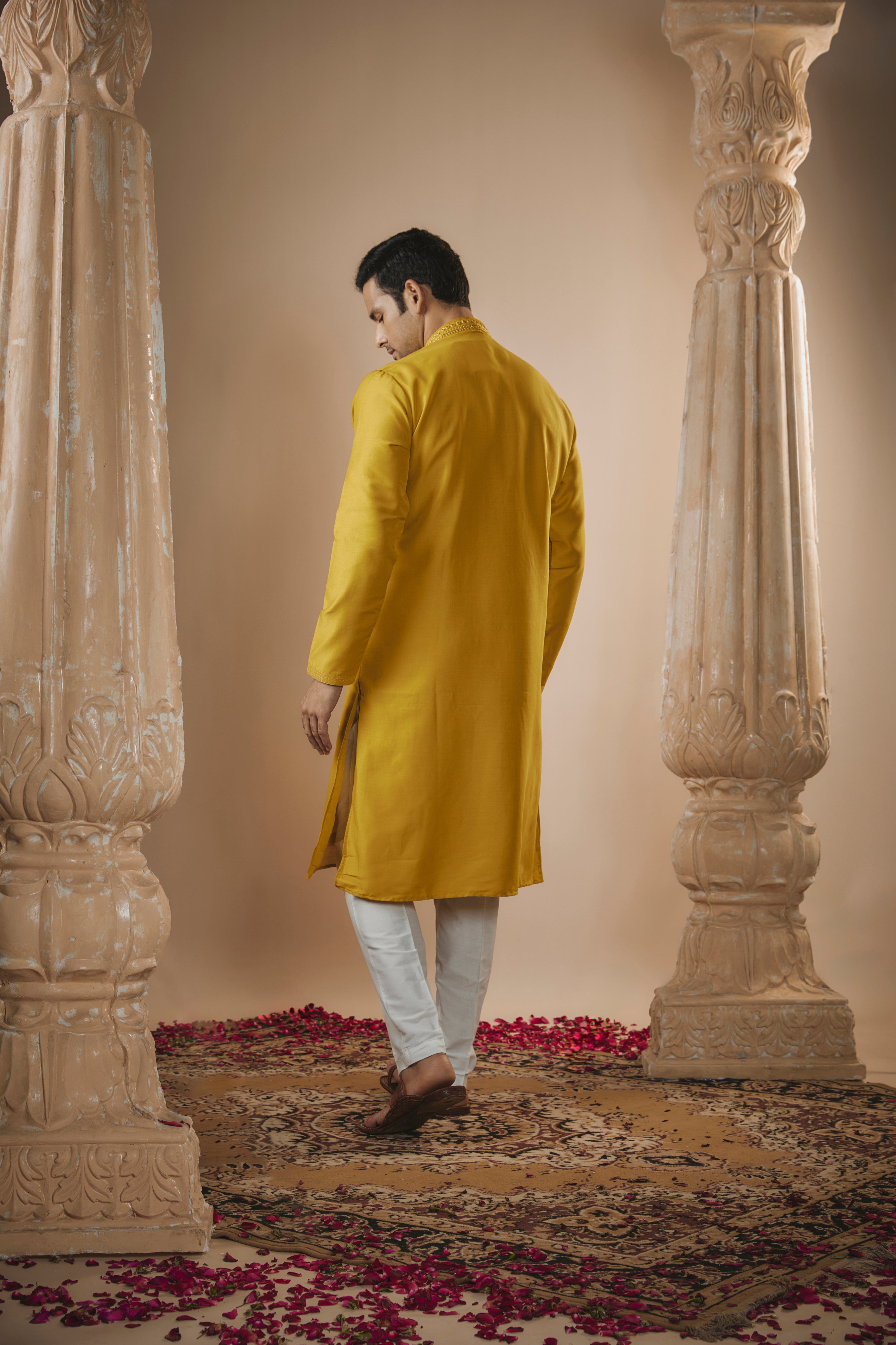Yellow Art Silk Kurta Set with Mirror Embroidery