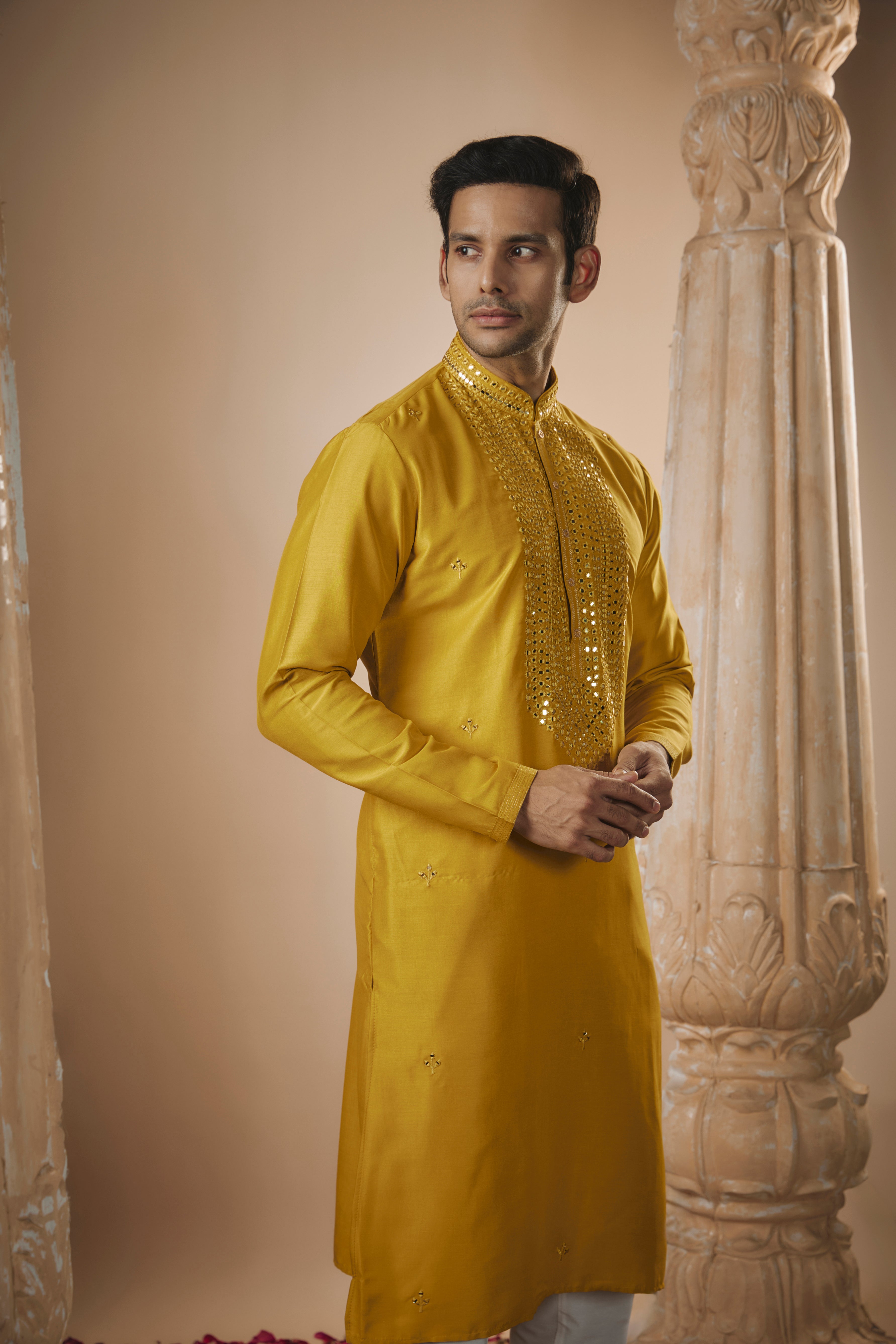 Yellow Art Silk Kurta Set with Mirror Embroidery