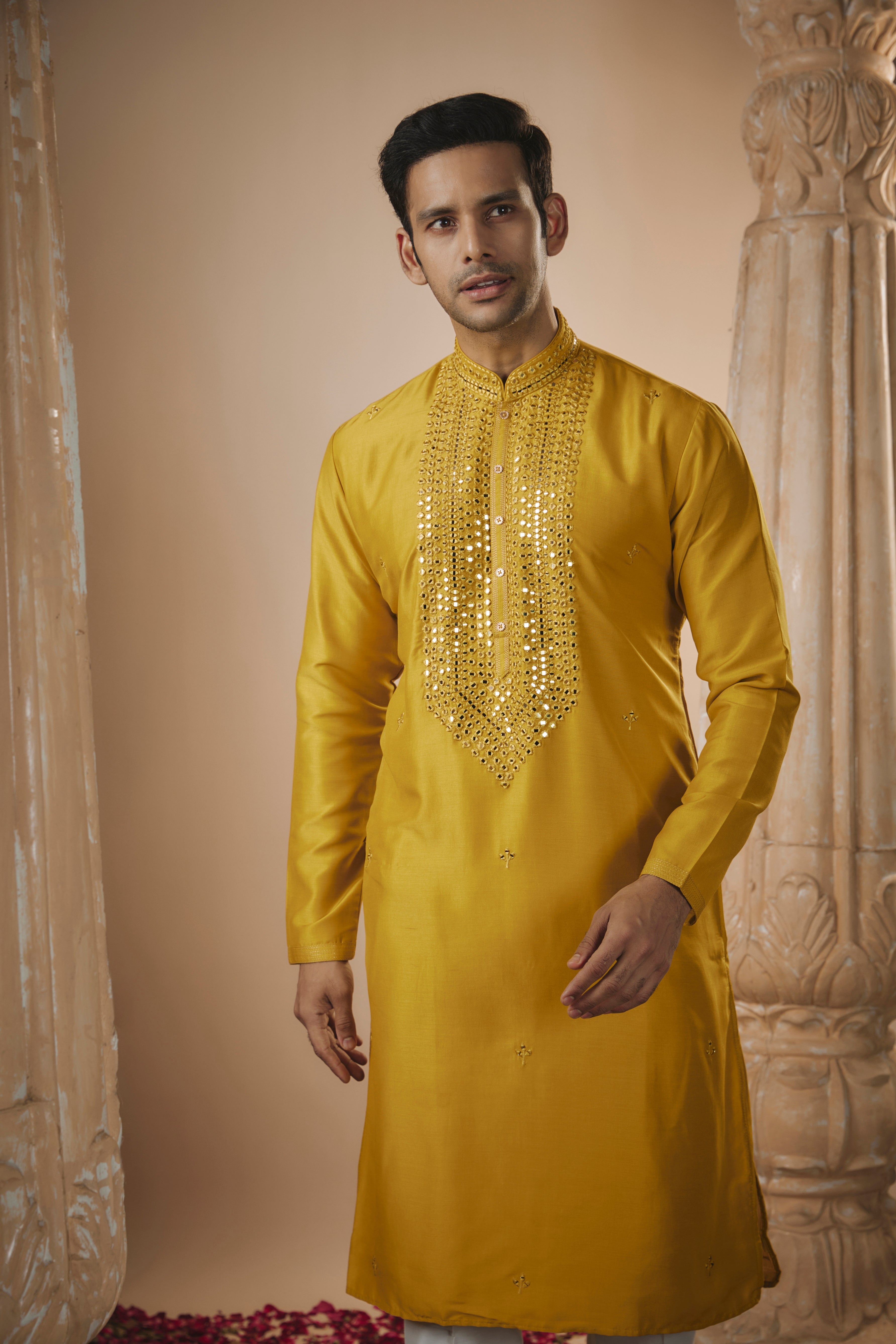 Yellow Art Silk Kurta Set with Mirror Embroidery