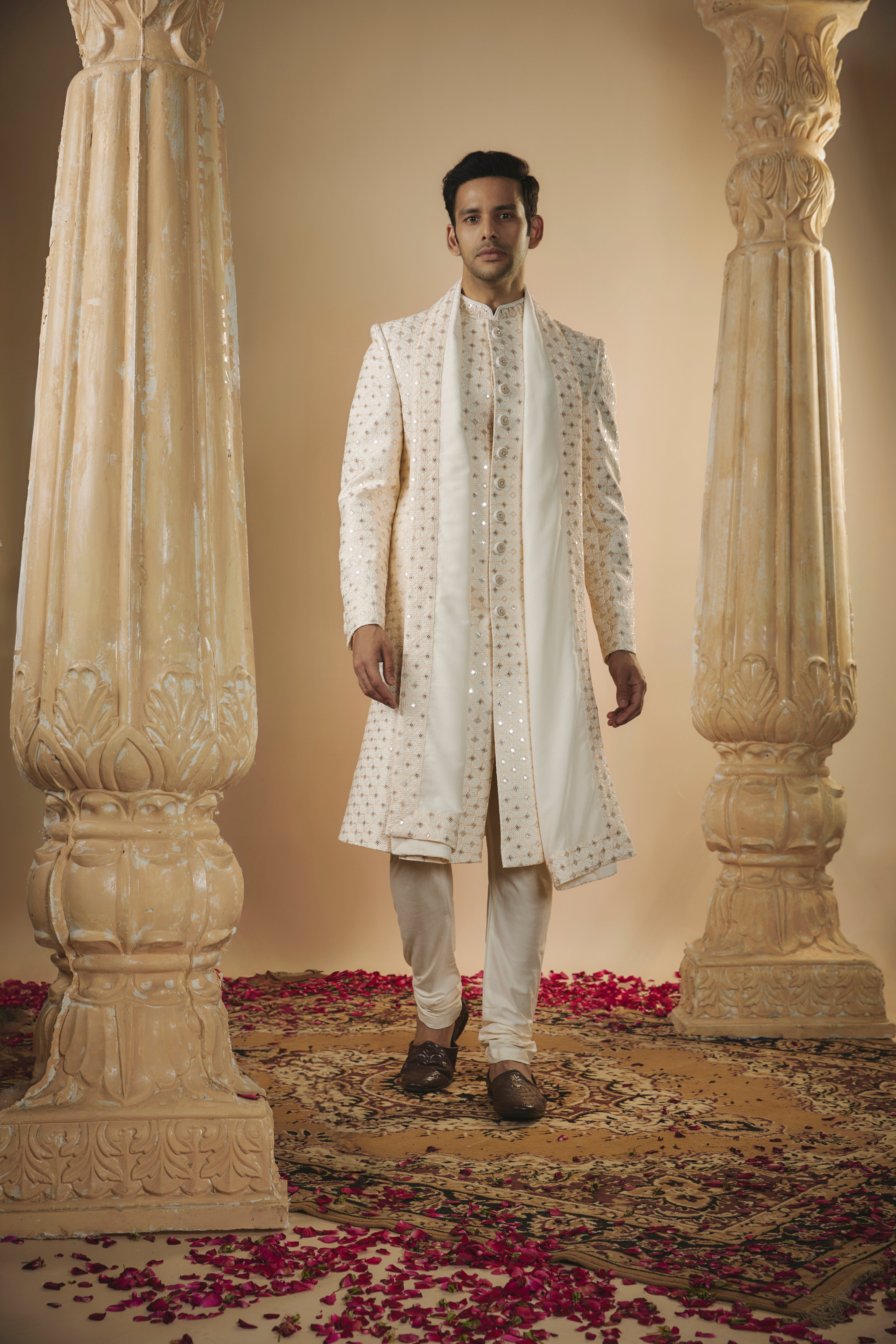 Off-White Lucknowi Silk Sherwani Set with Sequin Work