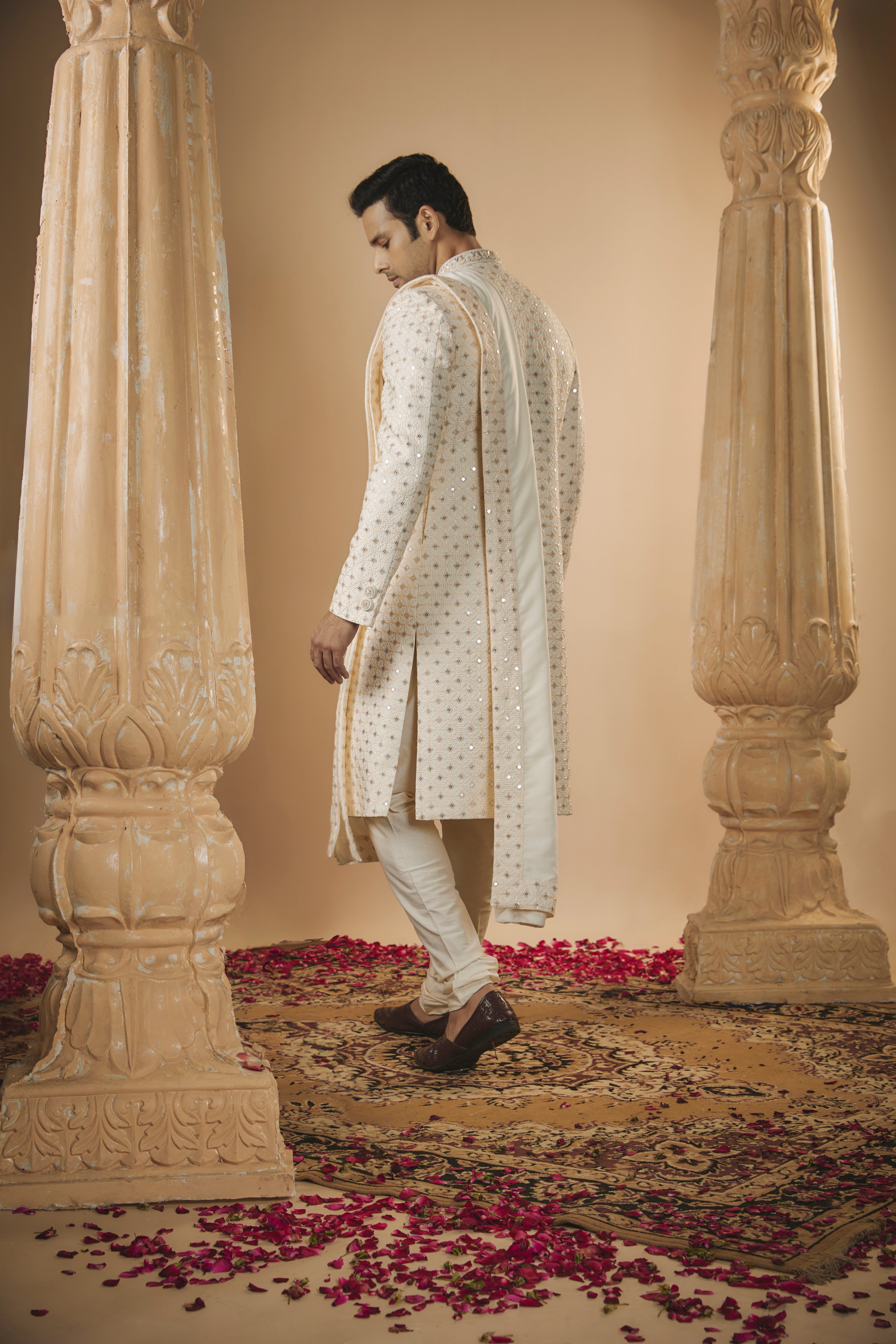 Off-White Lucknowi Silk Sherwani Set with Sequin Work