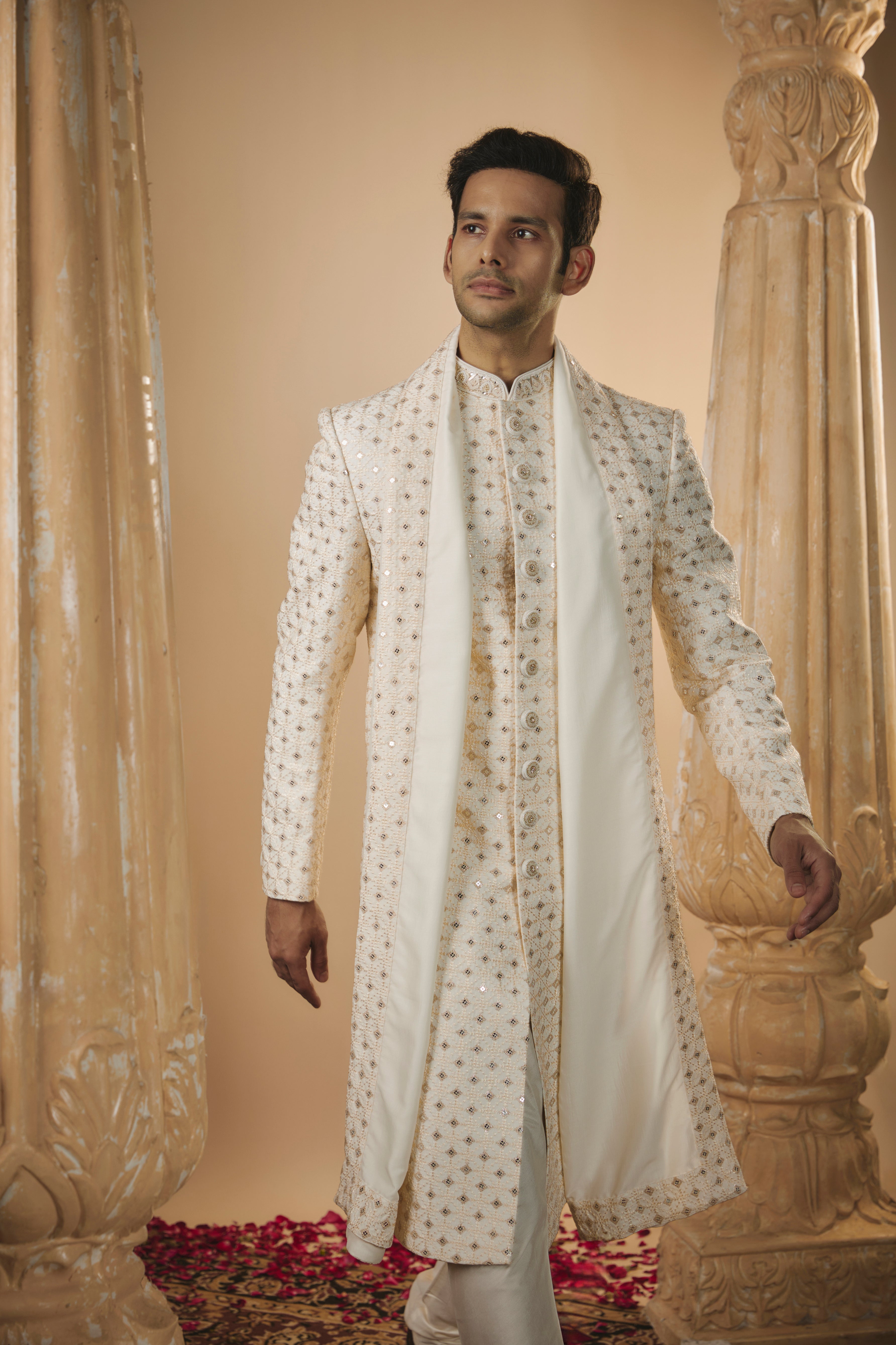 Off-White Lucknowi Silk Sherwani Set with Sequin Work