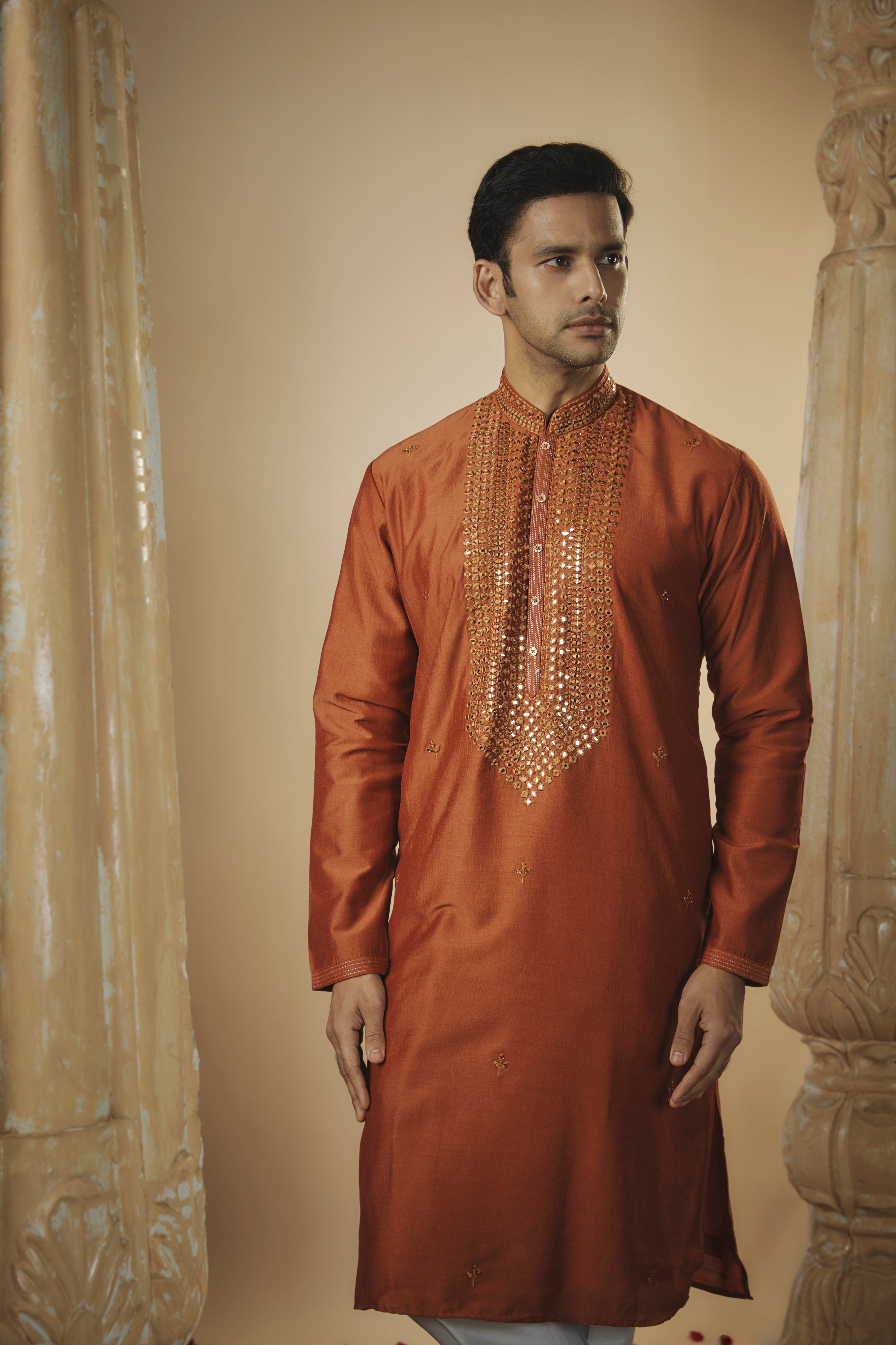 Brick Red Art Silk Mirror Embroidered Kurta Set