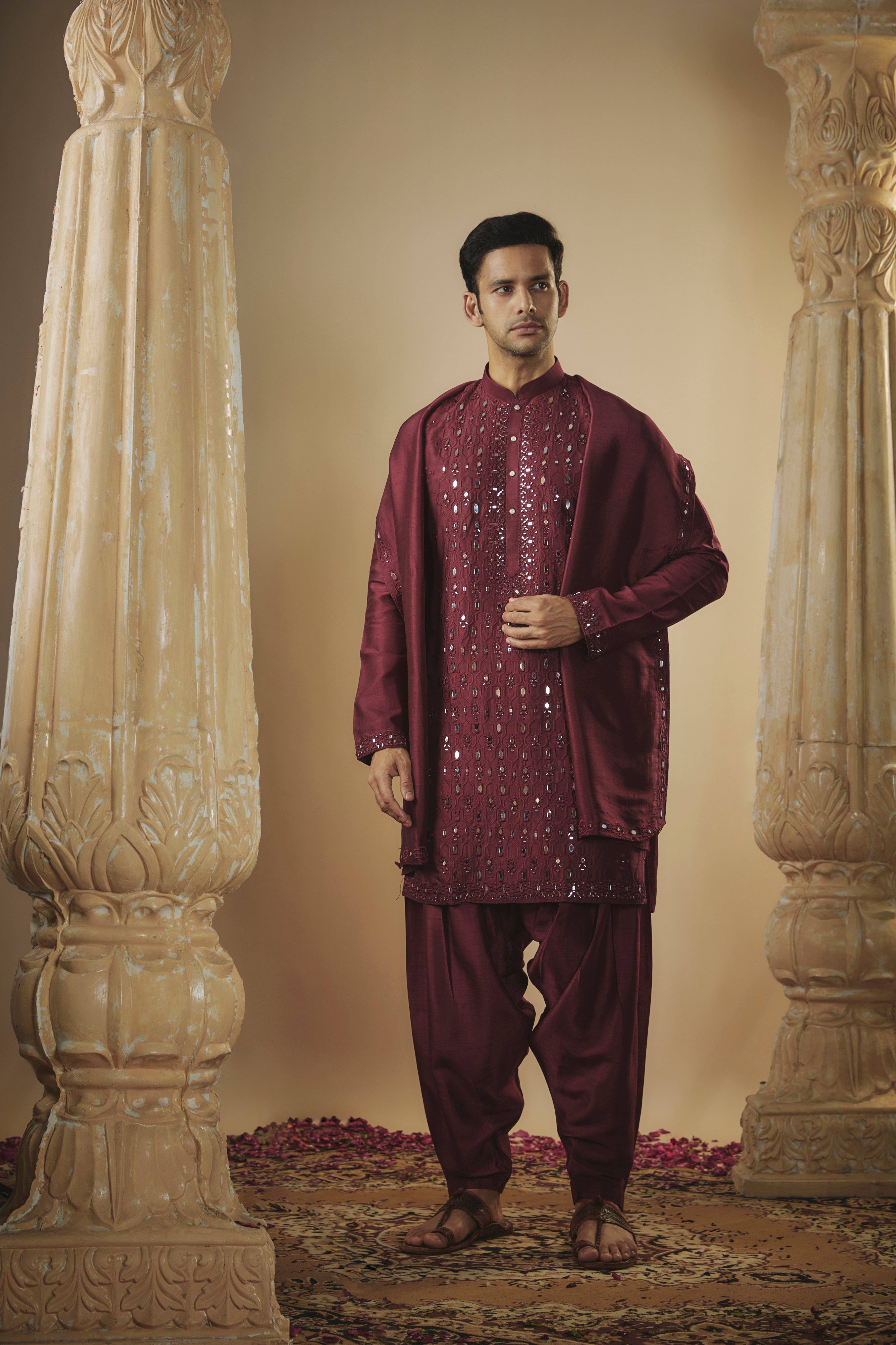 Midnight Blue Art Silk Kurta Set with Mirror Work