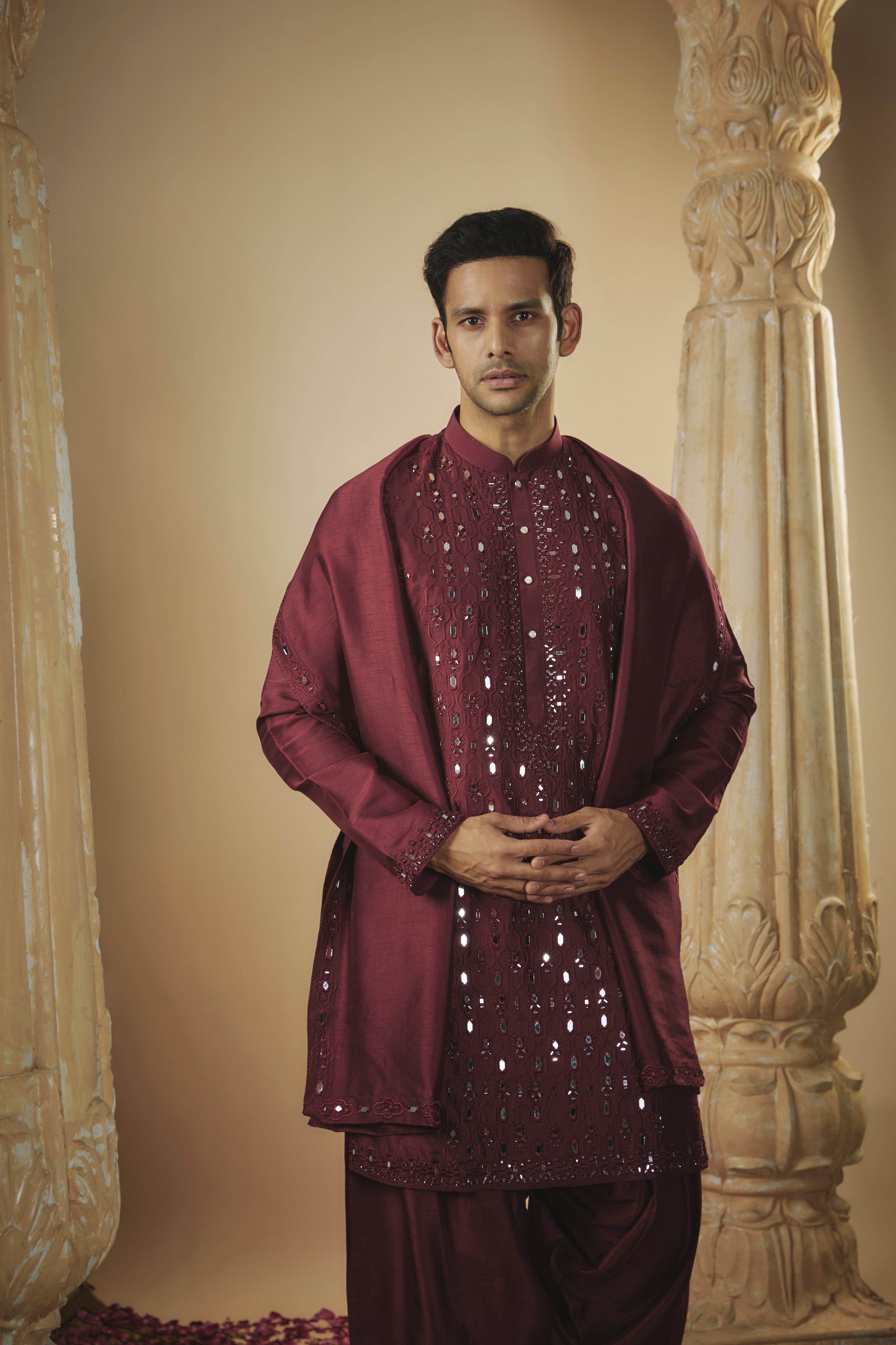 Midnight Blue Art Silk Kurta Set with Mirror Work