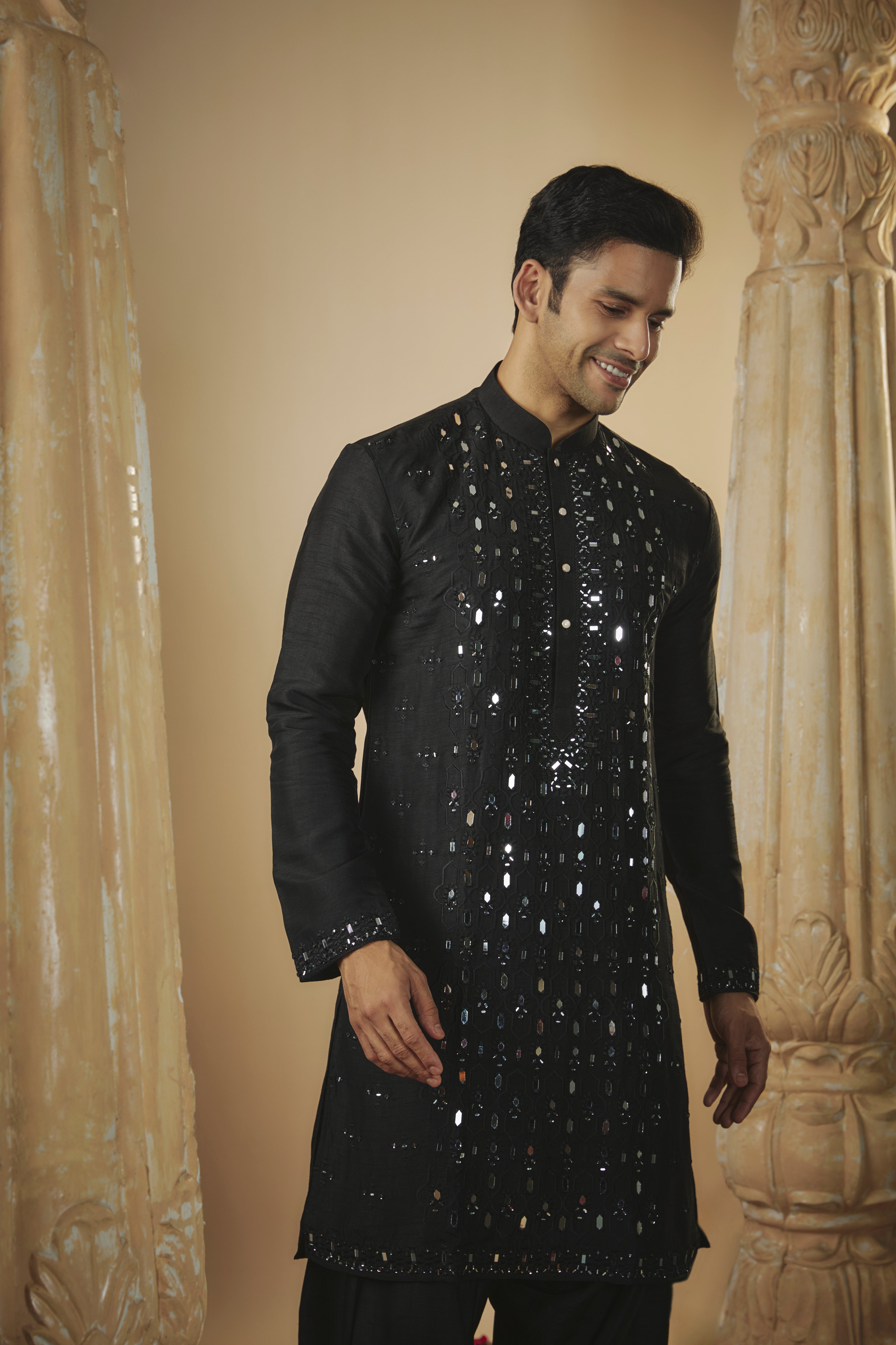 Raven Black Art Silk Mirror Embellished Patiala Suit Set