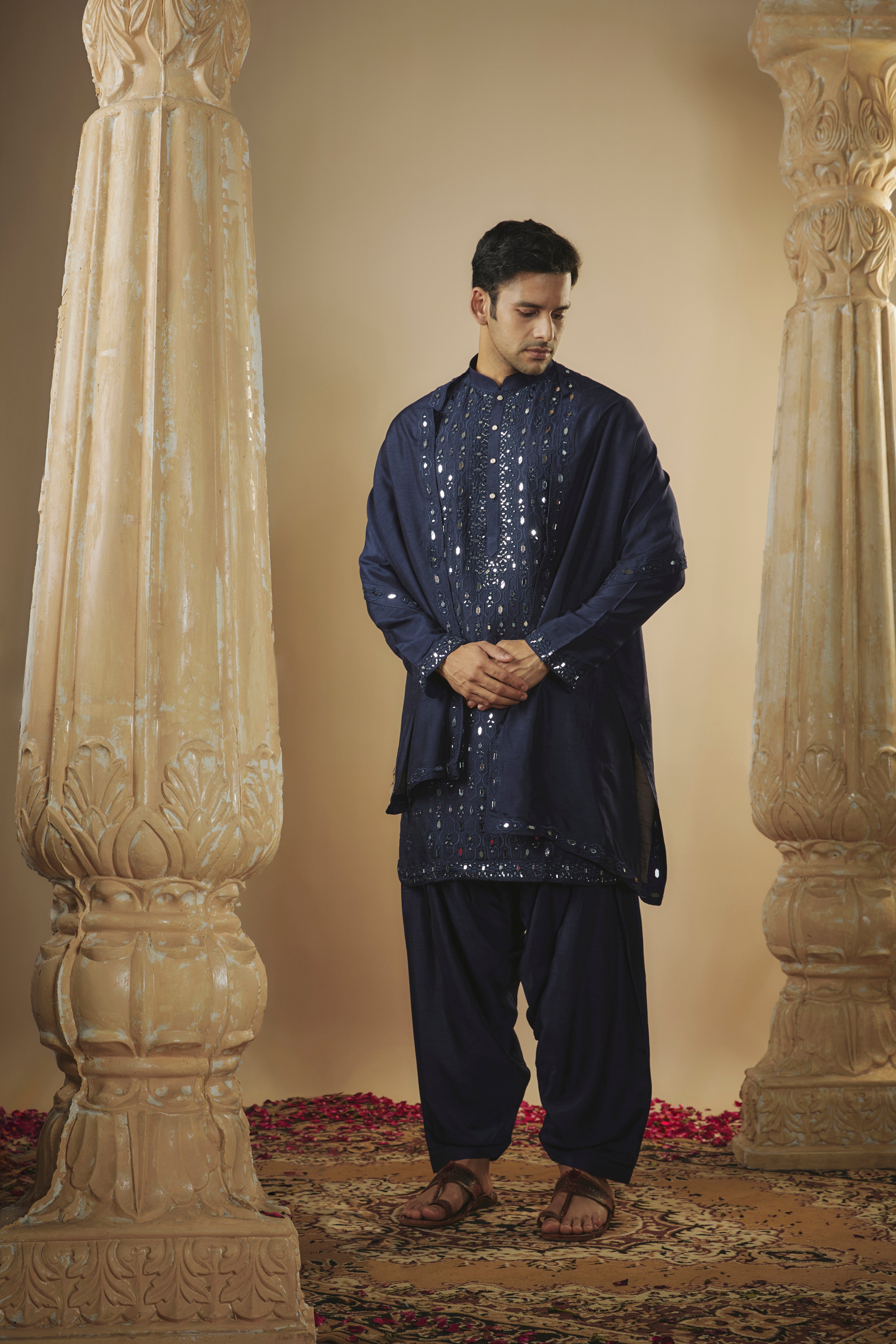 Midnight Blue Art Silk Kurta Set with Mirror Work