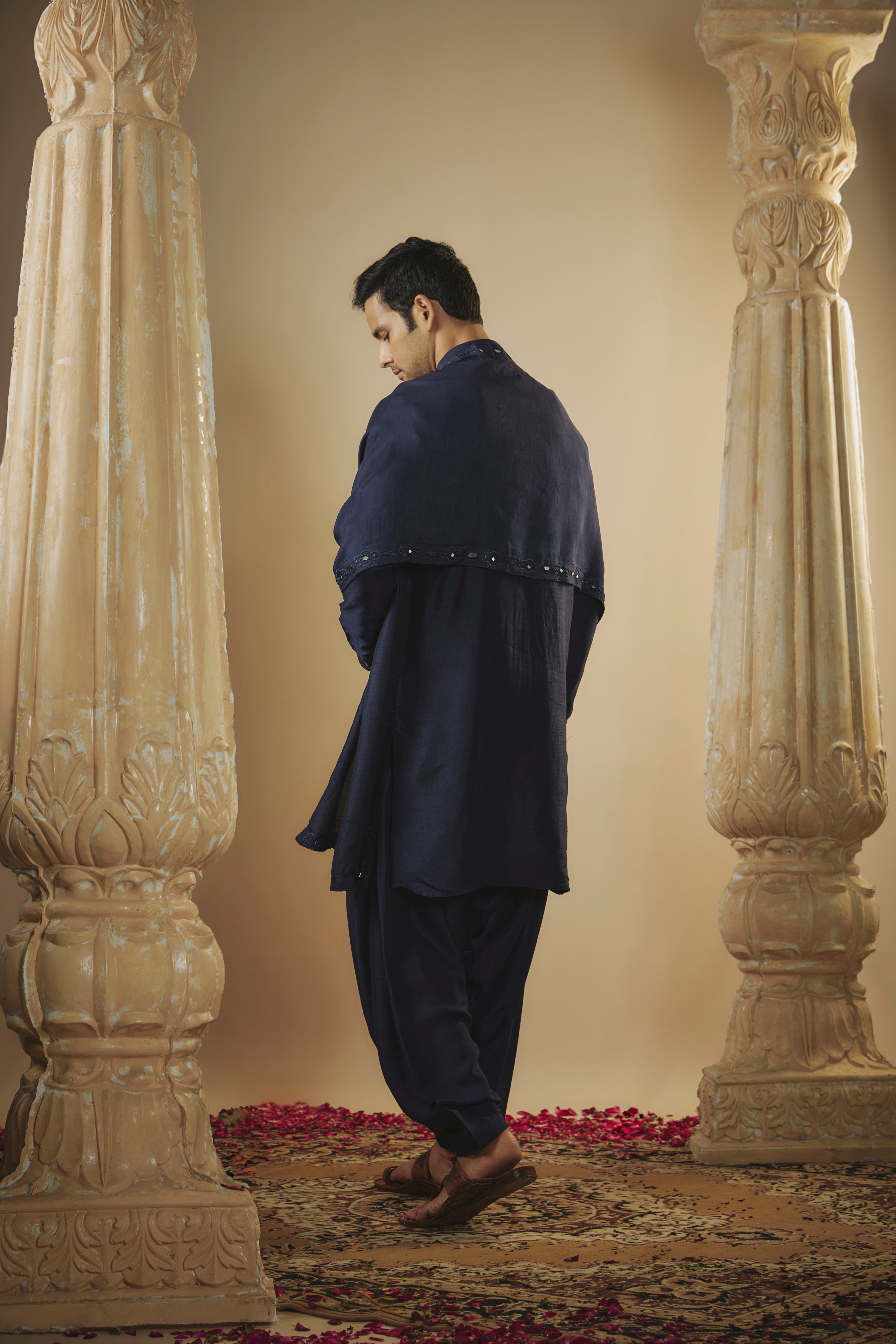 Midnight Blue Art Silk Kurta Set with Mirror Work