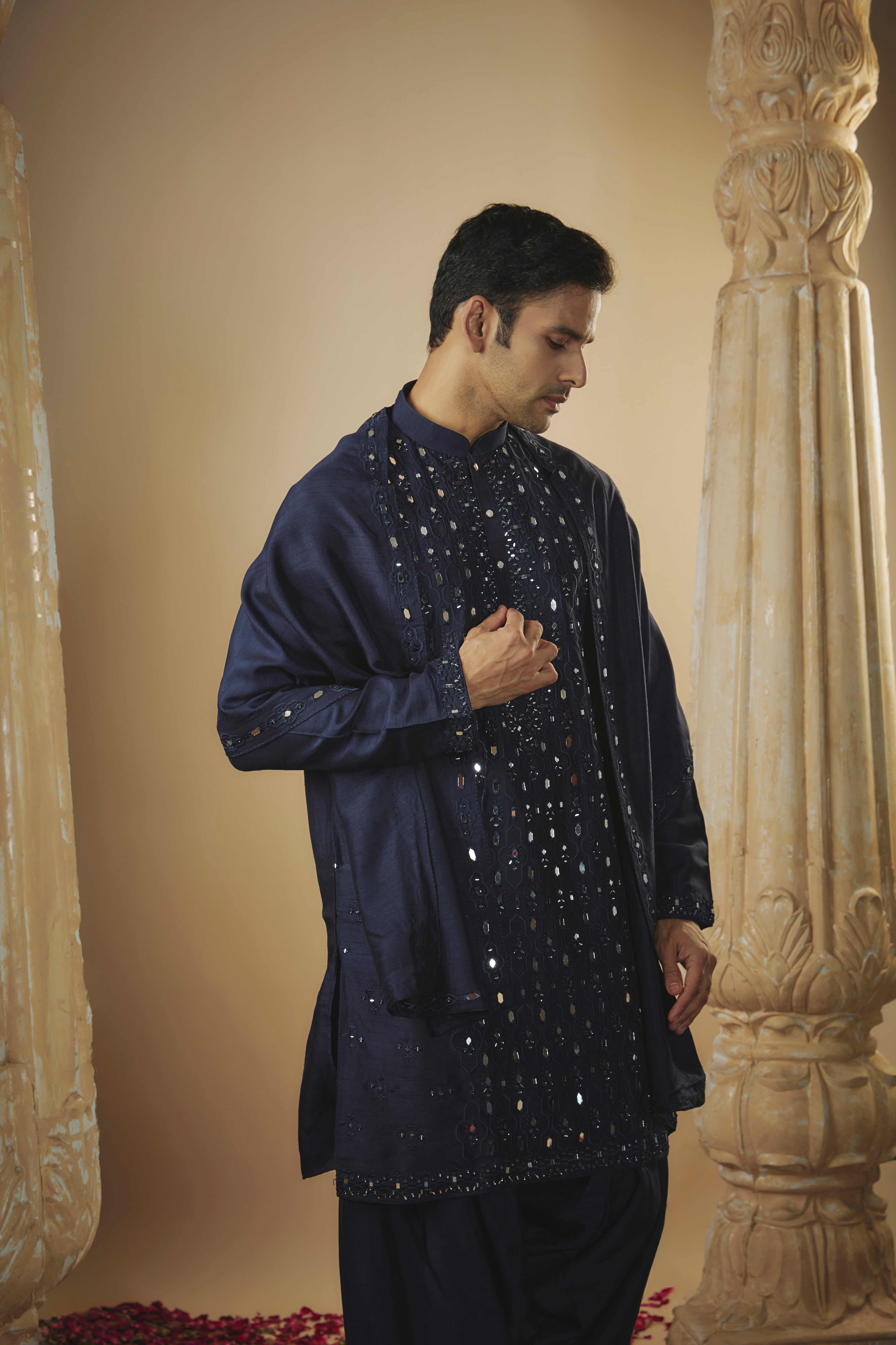 Midnight Blue Art Silk Kurta Set with Mirror Work