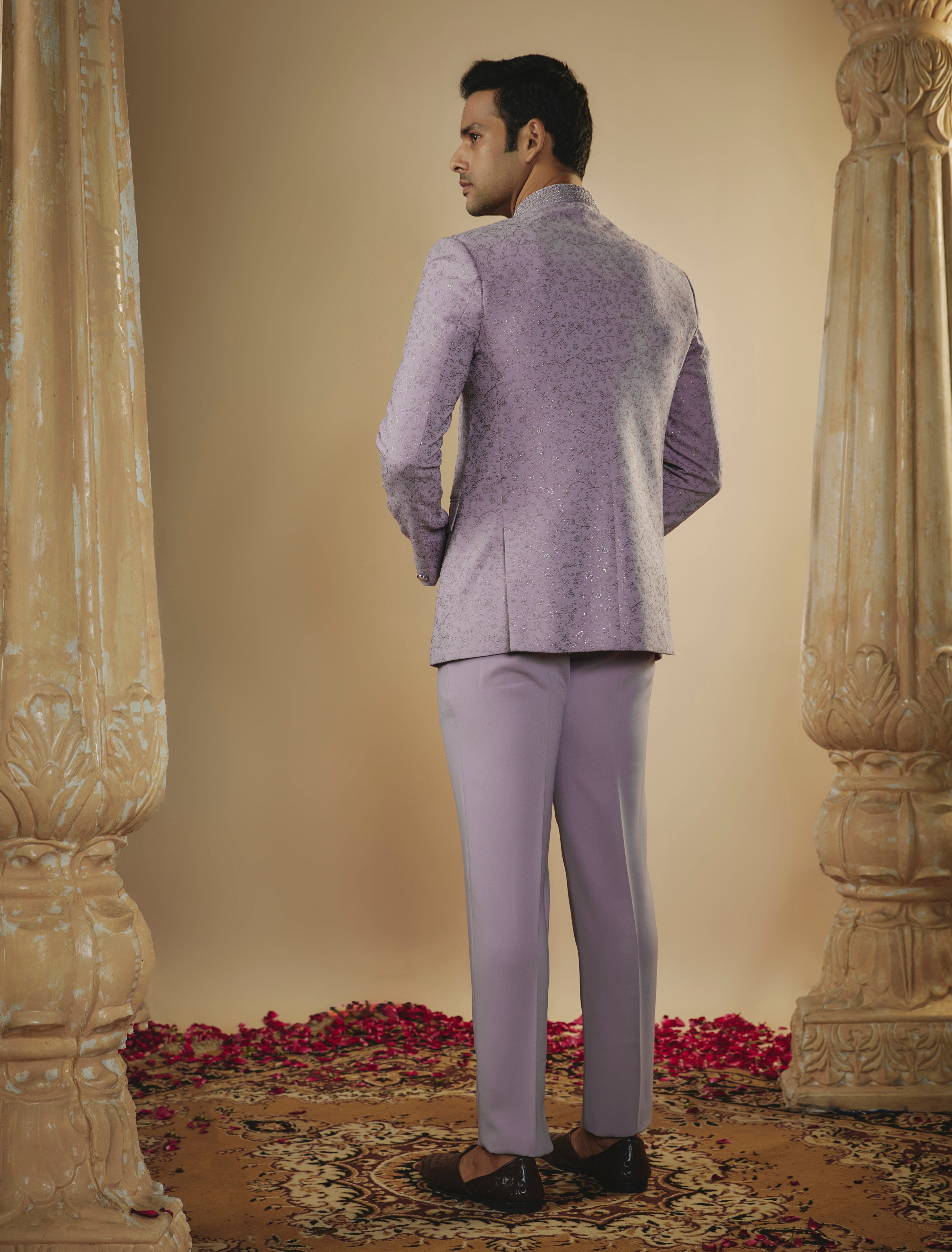Pale Mauve Imported Jacquard Resham Work Jodhpuri Set