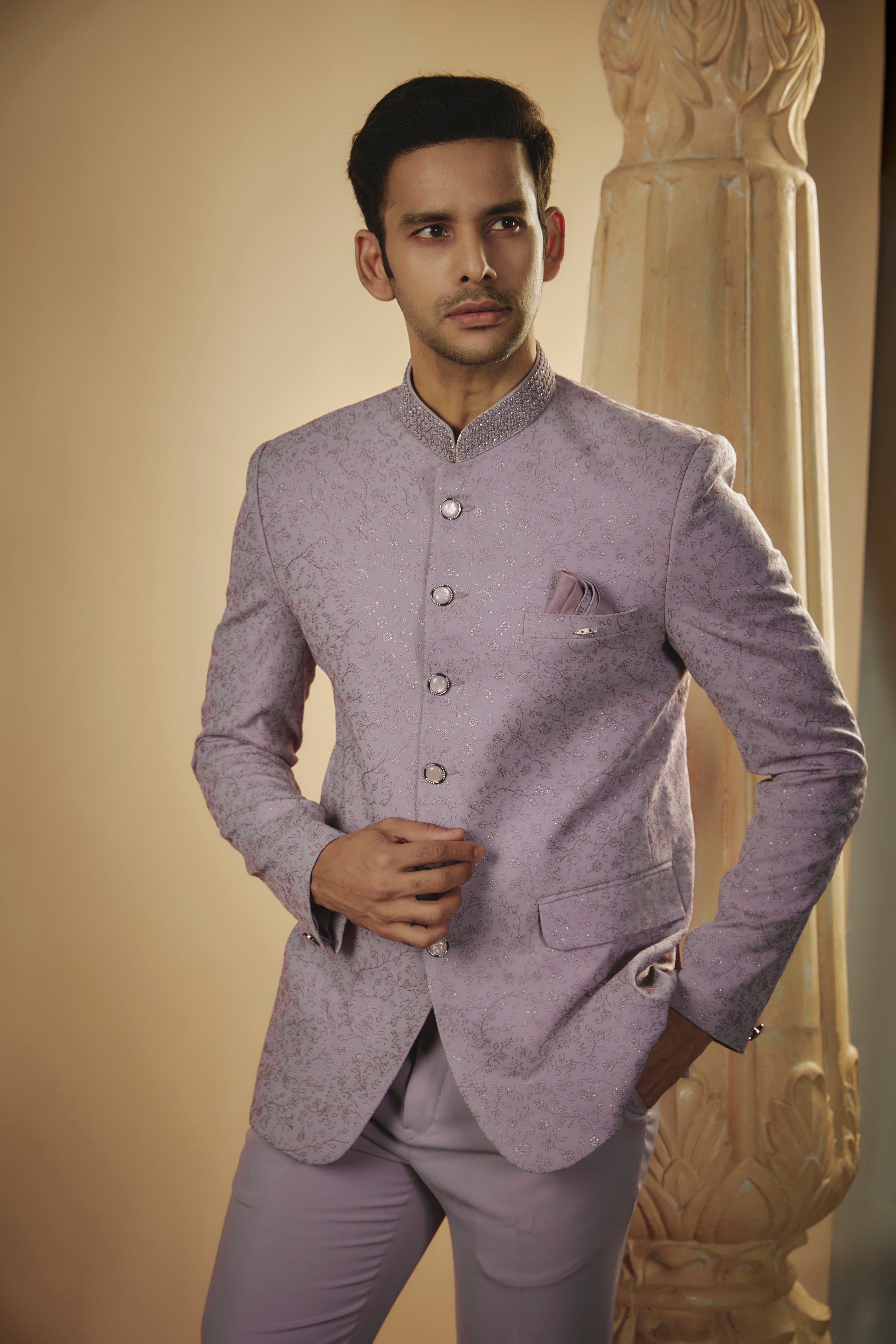 Pale Mauve Imported Jacquard Resham Work Jodhpuri Set