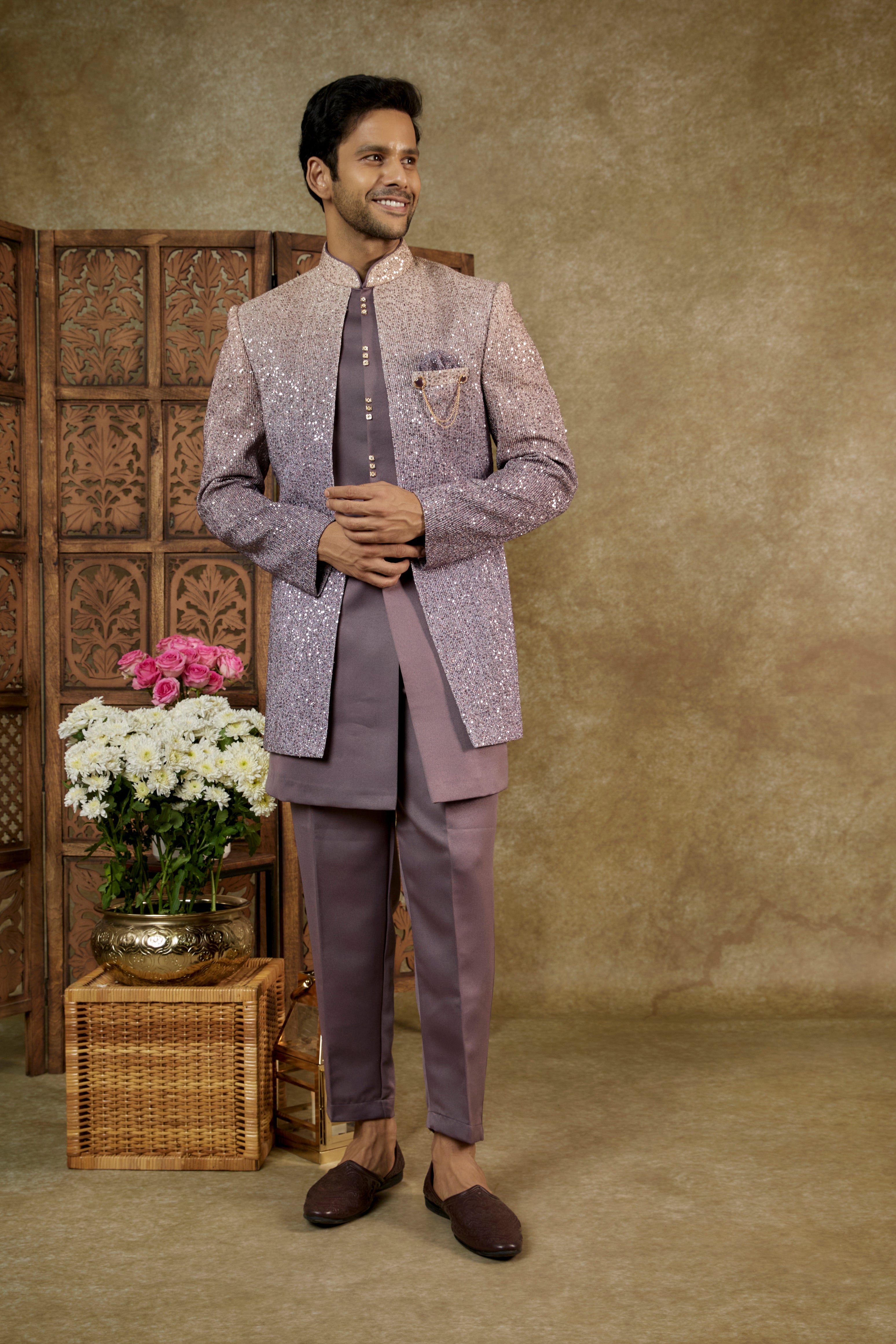 Onion Pink Sequinned Silk Open Indowestern Set
