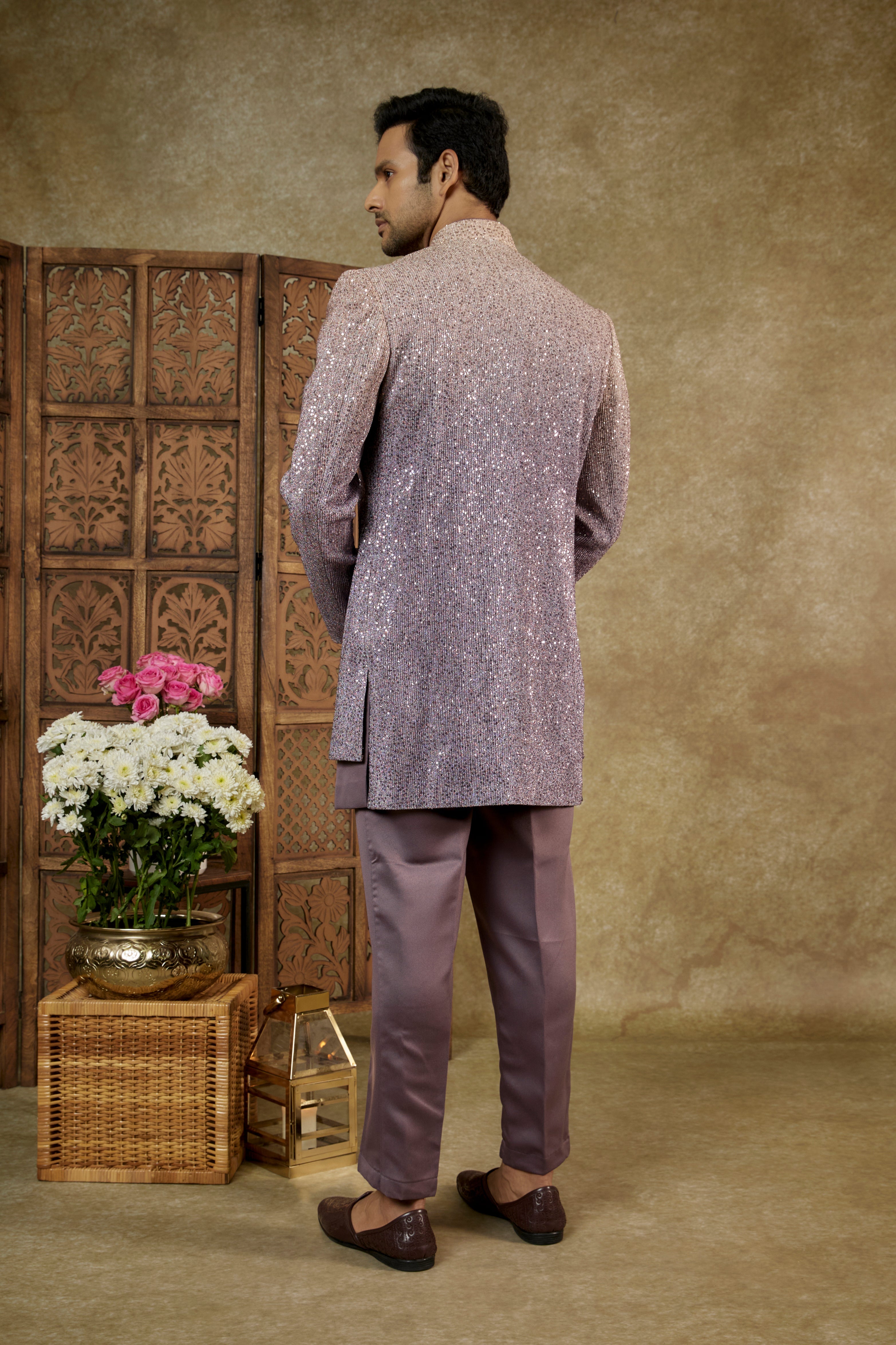 Onion Pink Sequinned Silk Open Indowestern Set