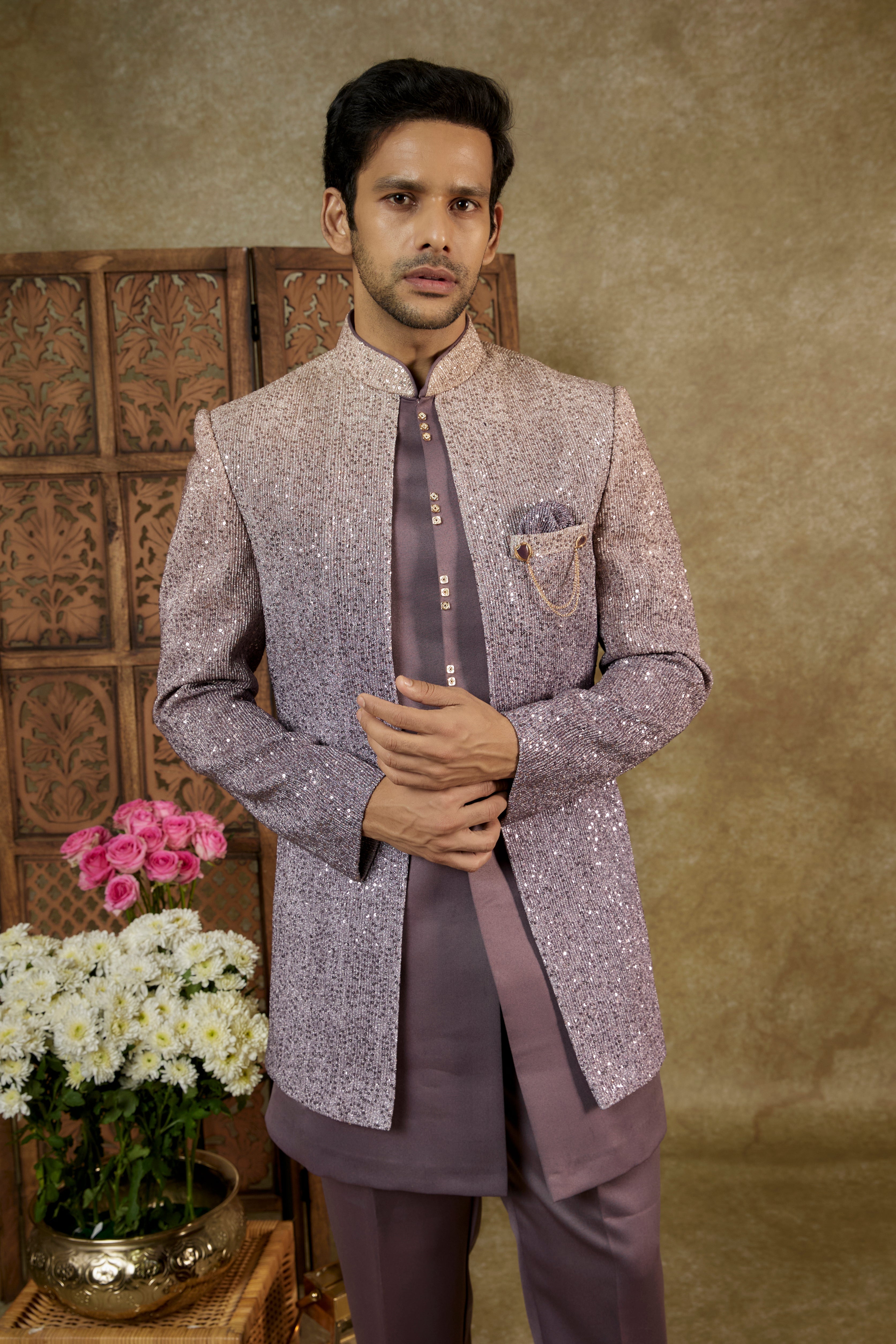 Onion Pink Sequinned Silk Open Indowestern Set
