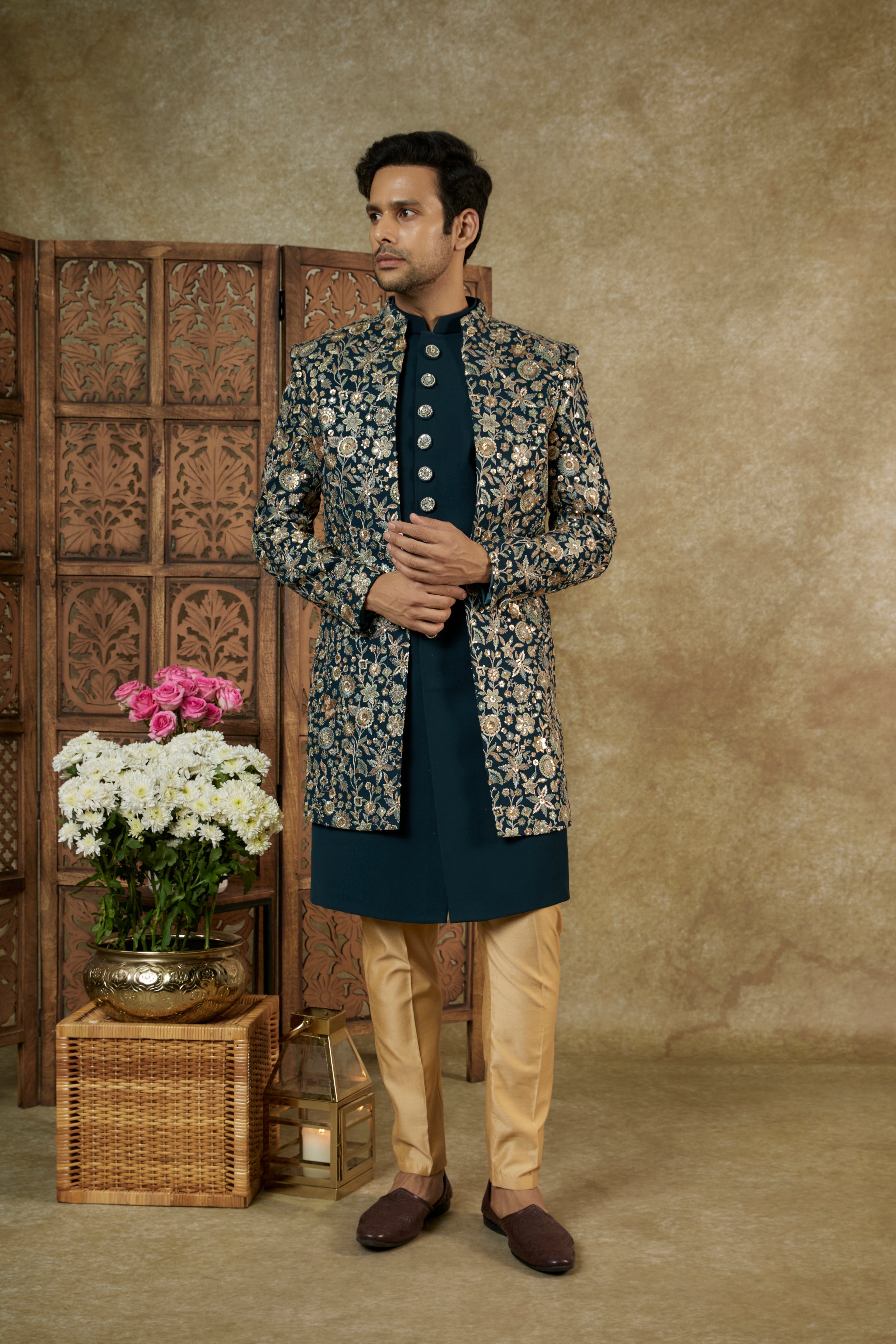 Yale Blue Georgette Sequinned Open Indowestern Set