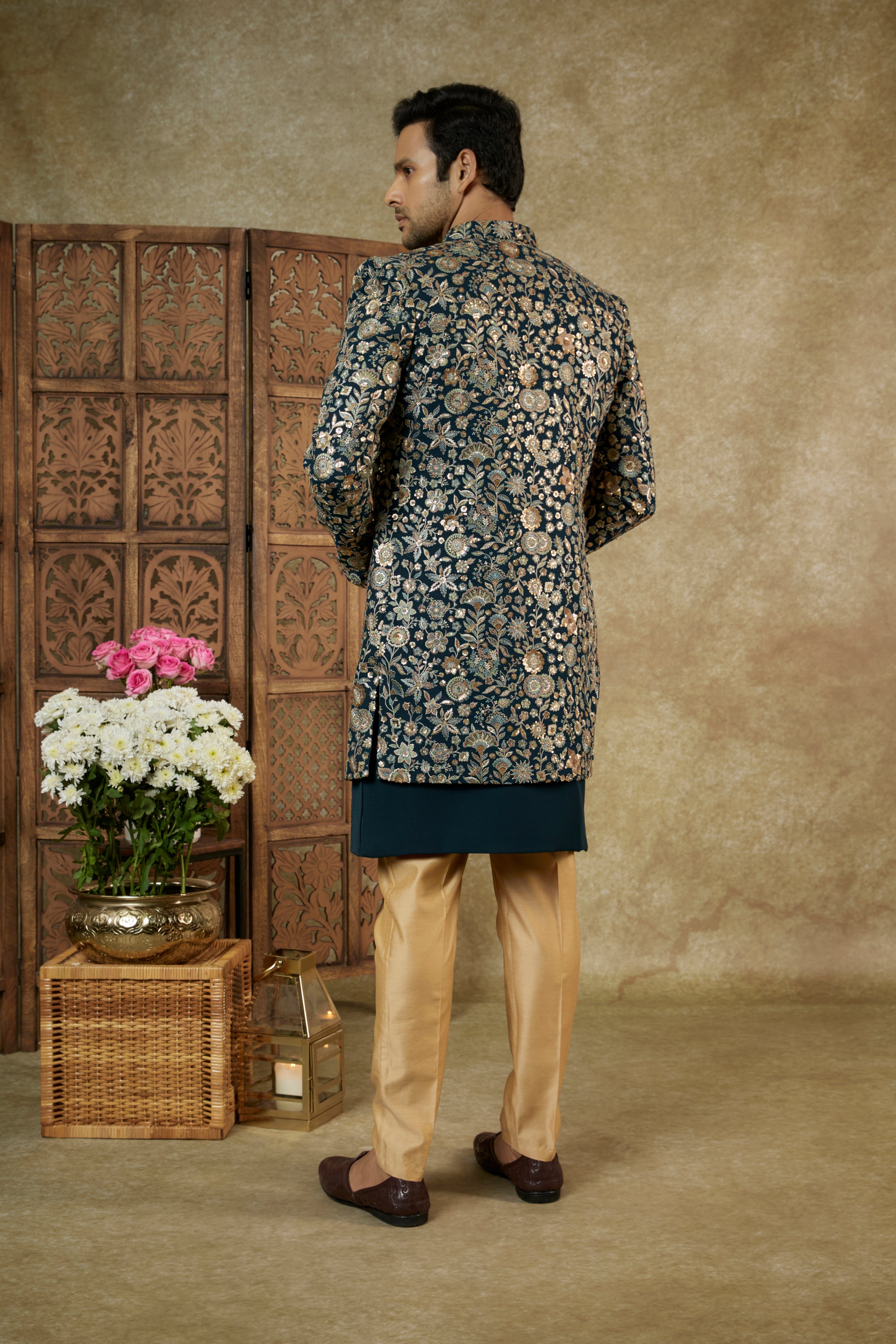 Yale Blue Georgette Sequinned Open Indowestern Set