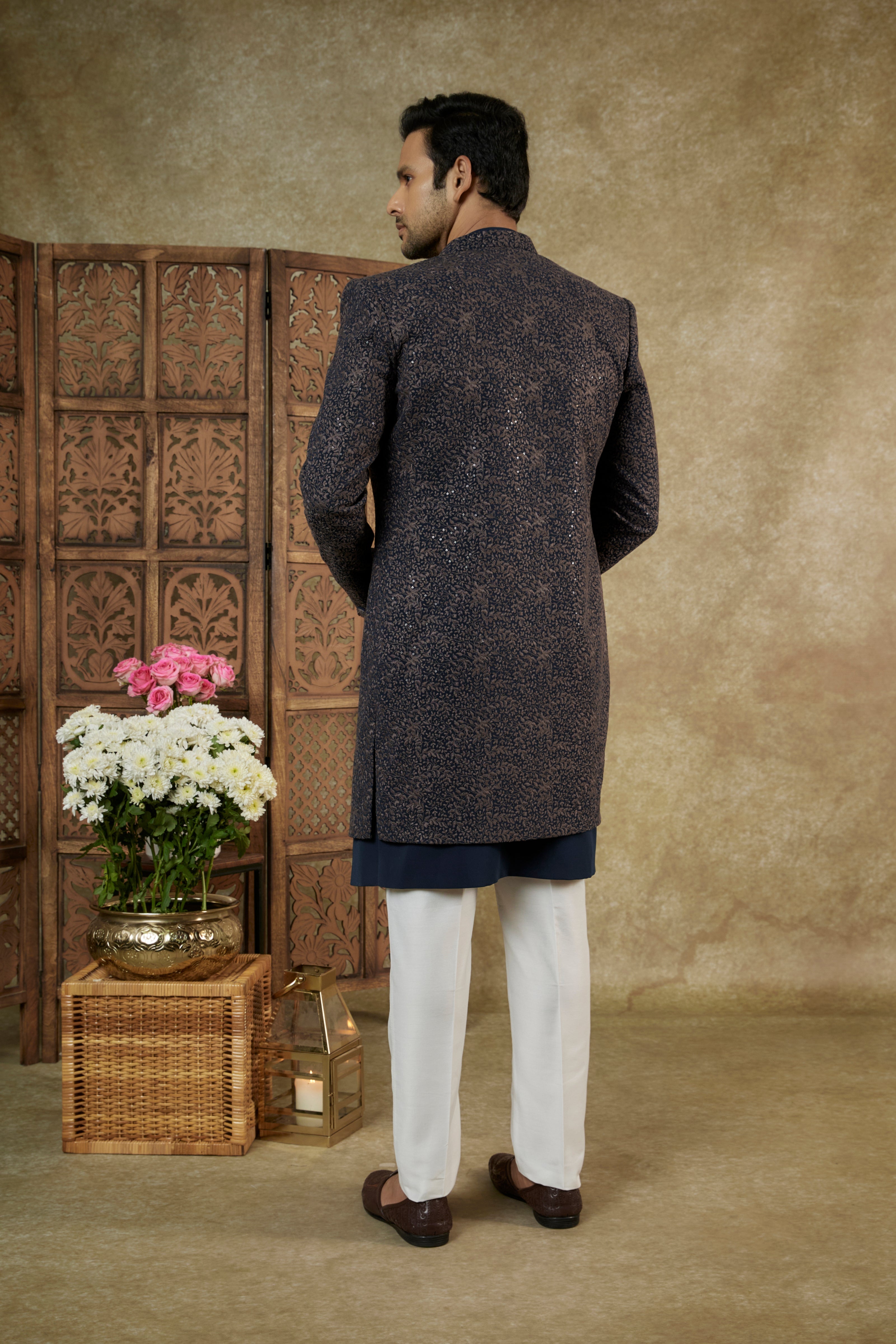 Midnight Blue Resham Embroidered Lucknowi Open Indowestern Set